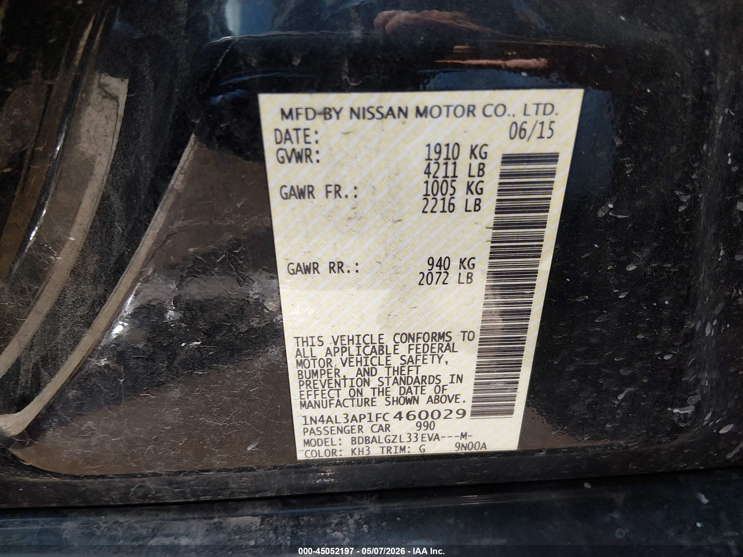 2015 Nissan Altima 2.5 S Черный vin: 1N4AL3AP1FC460029