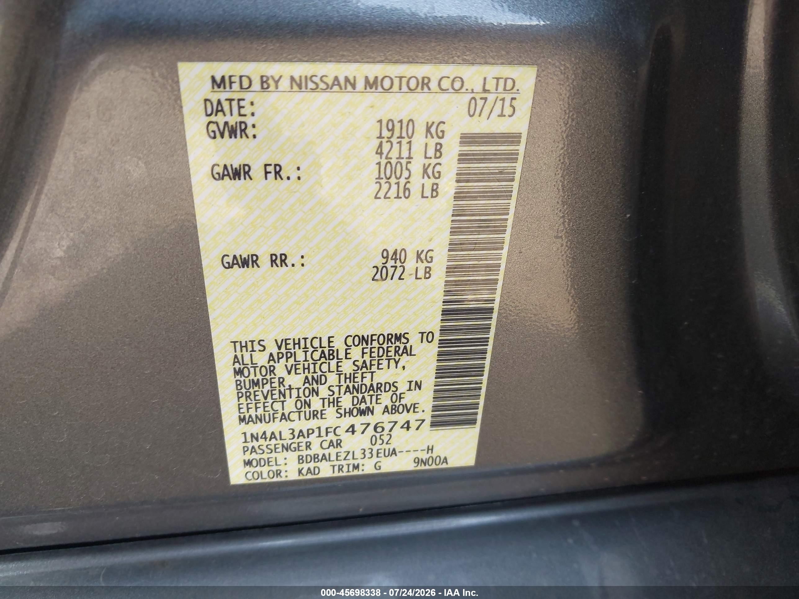 2015 Nissan Altima 2.5 S Gray vin: 1N4AL3AP1FC476747