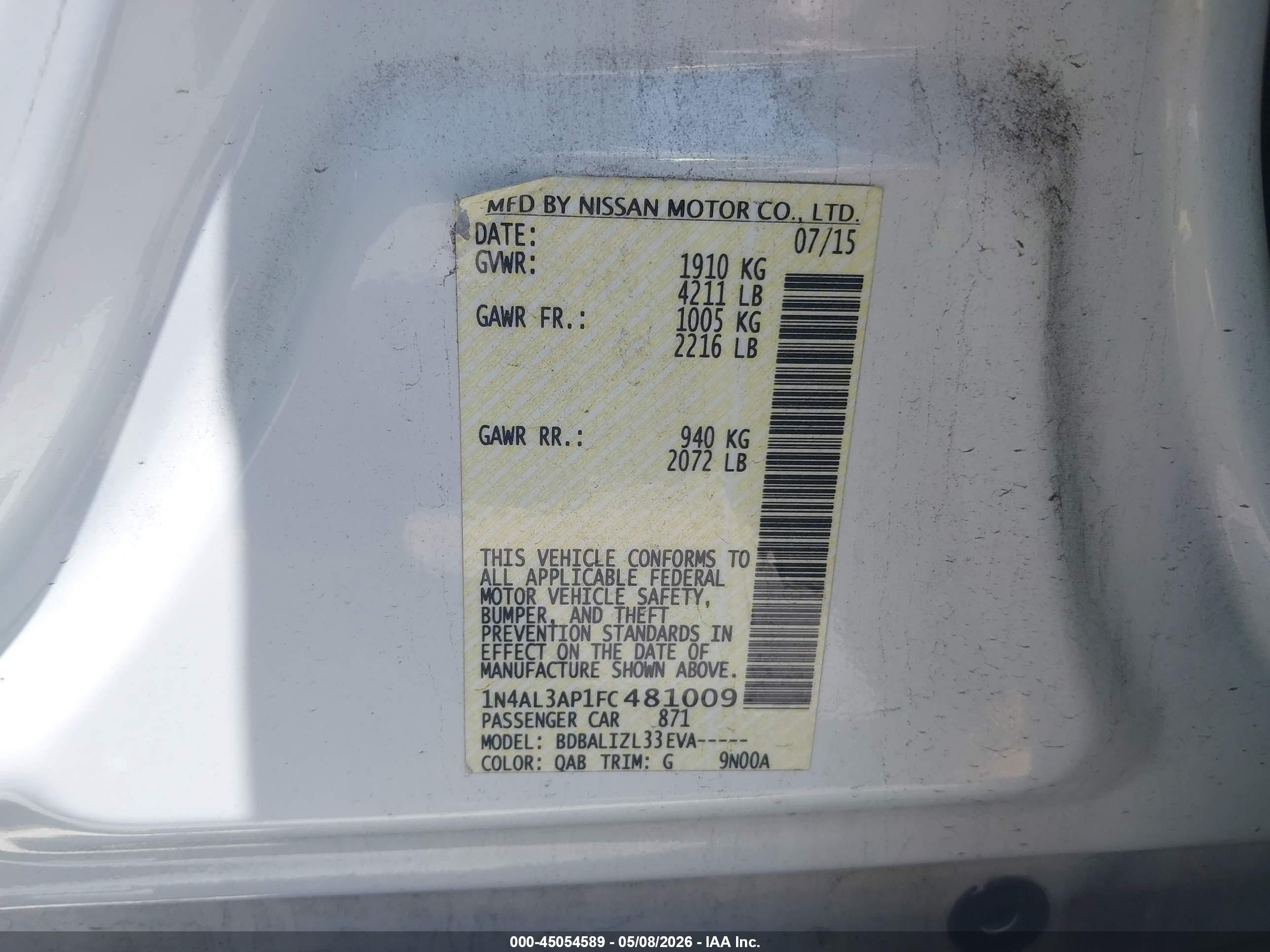 2015 Nissan Altima 2.5 Sv White vin: 1N4AL3AP1FC481009