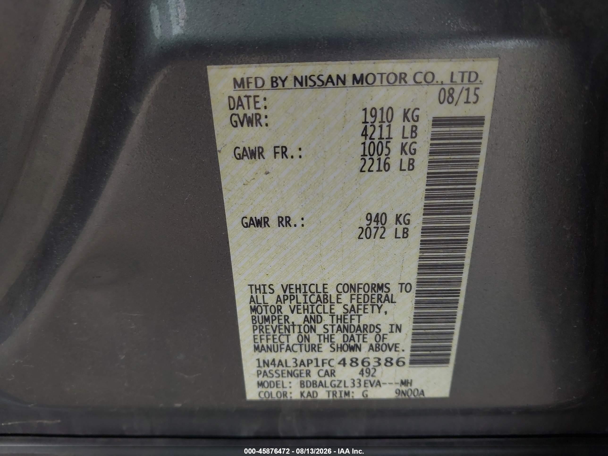 2015 Nissan Altima 2.5 S Gray vin: 1N4AL3AP1FC486386