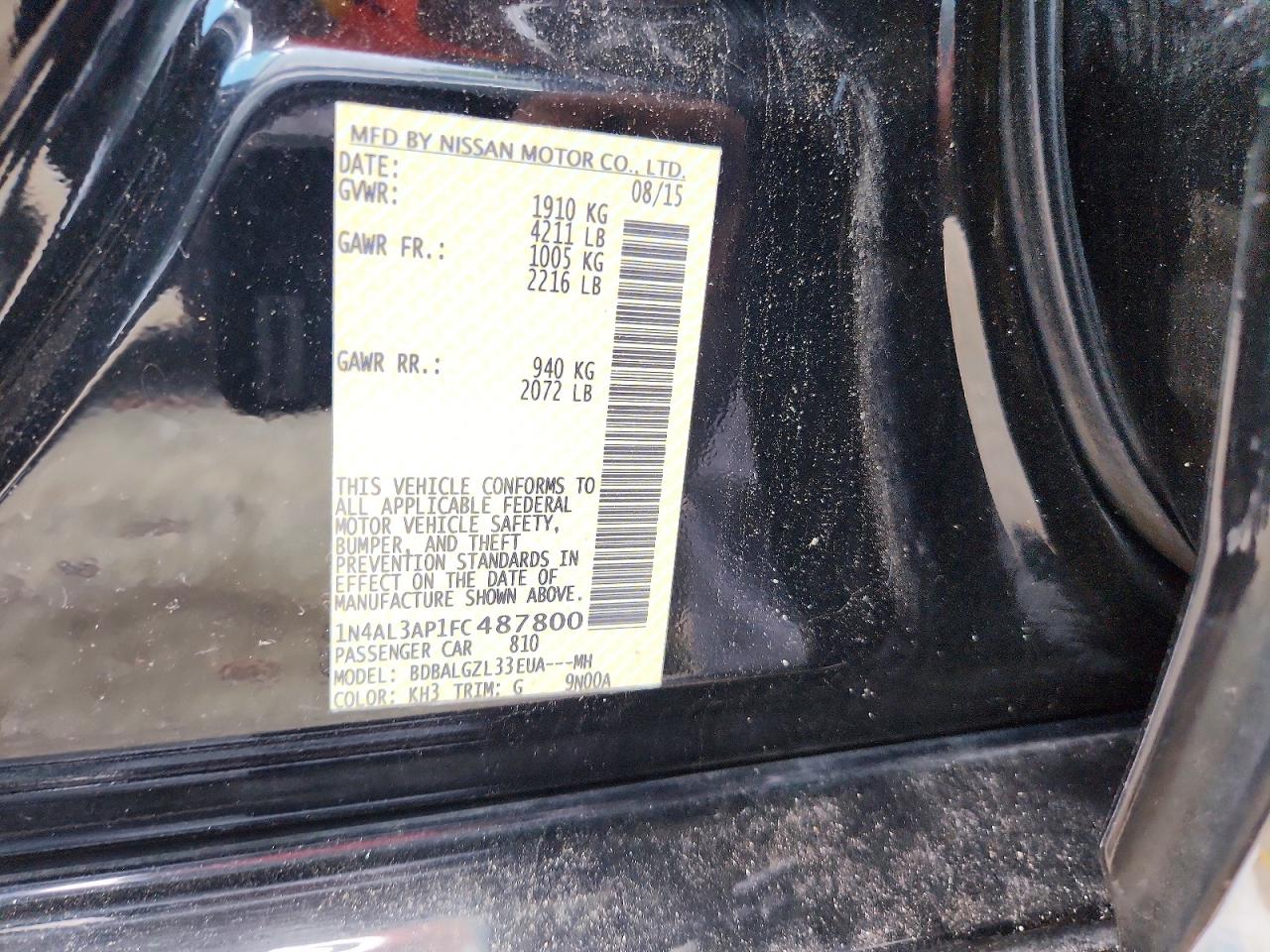 2015 Nissan Altima 2.5 S Black vin: 1N4AL3AP1FC487800