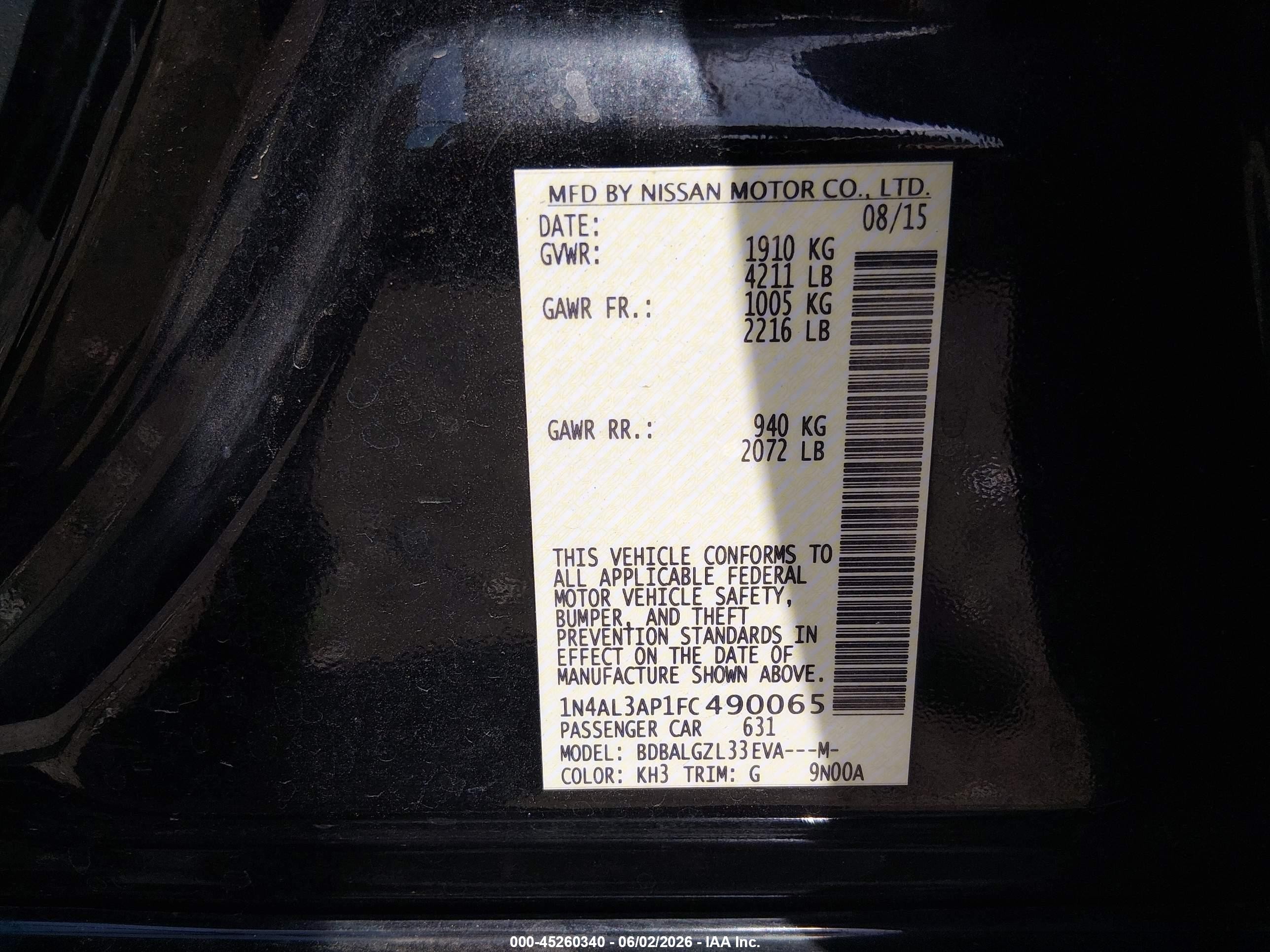 2015 Nissan Altima 2.5 S Black vin: 1N4AL3AP1FC490065