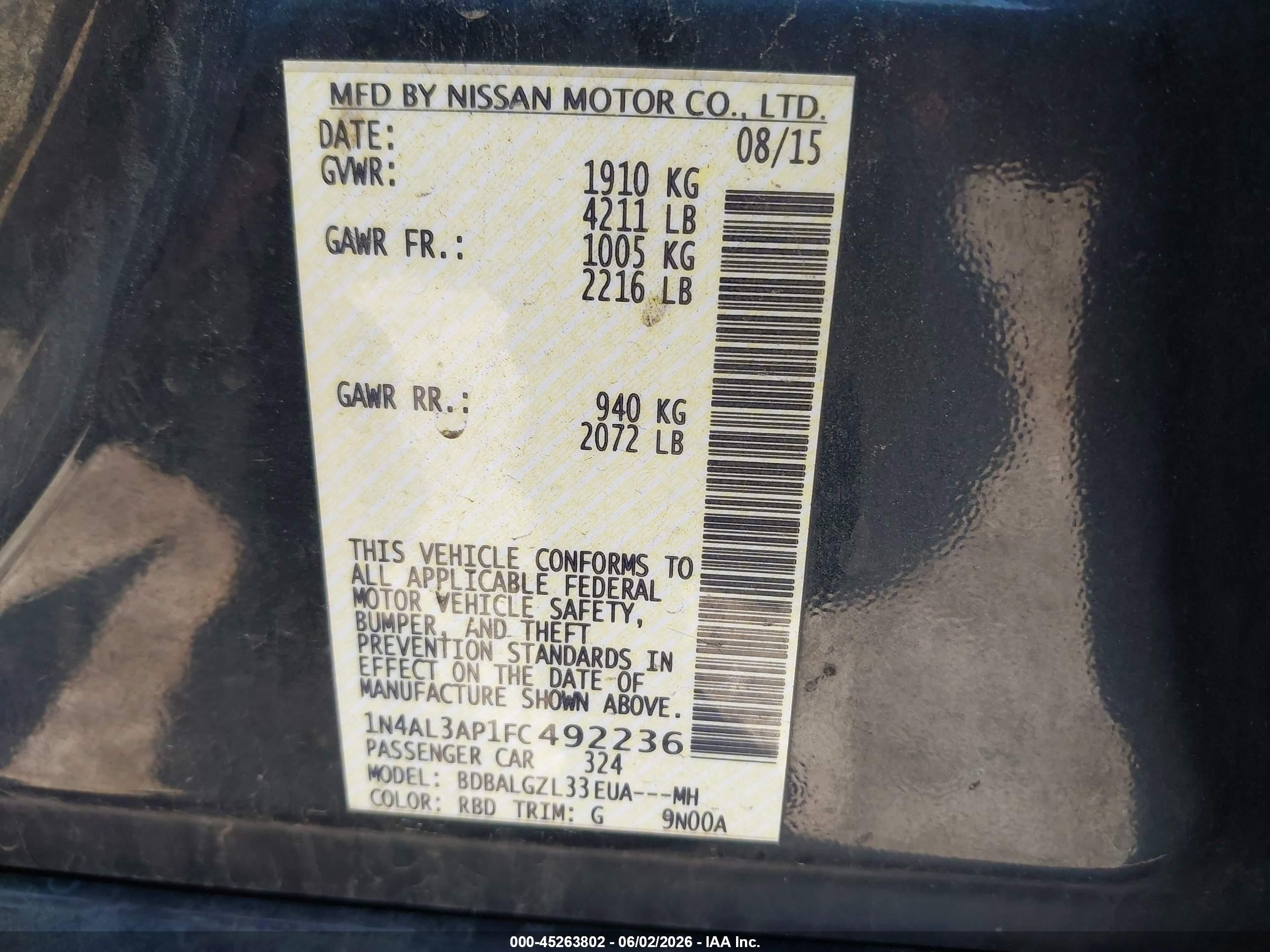 2015 Nissan Altima 2.5 S Black vin: 1N4AL3AP1FC492236