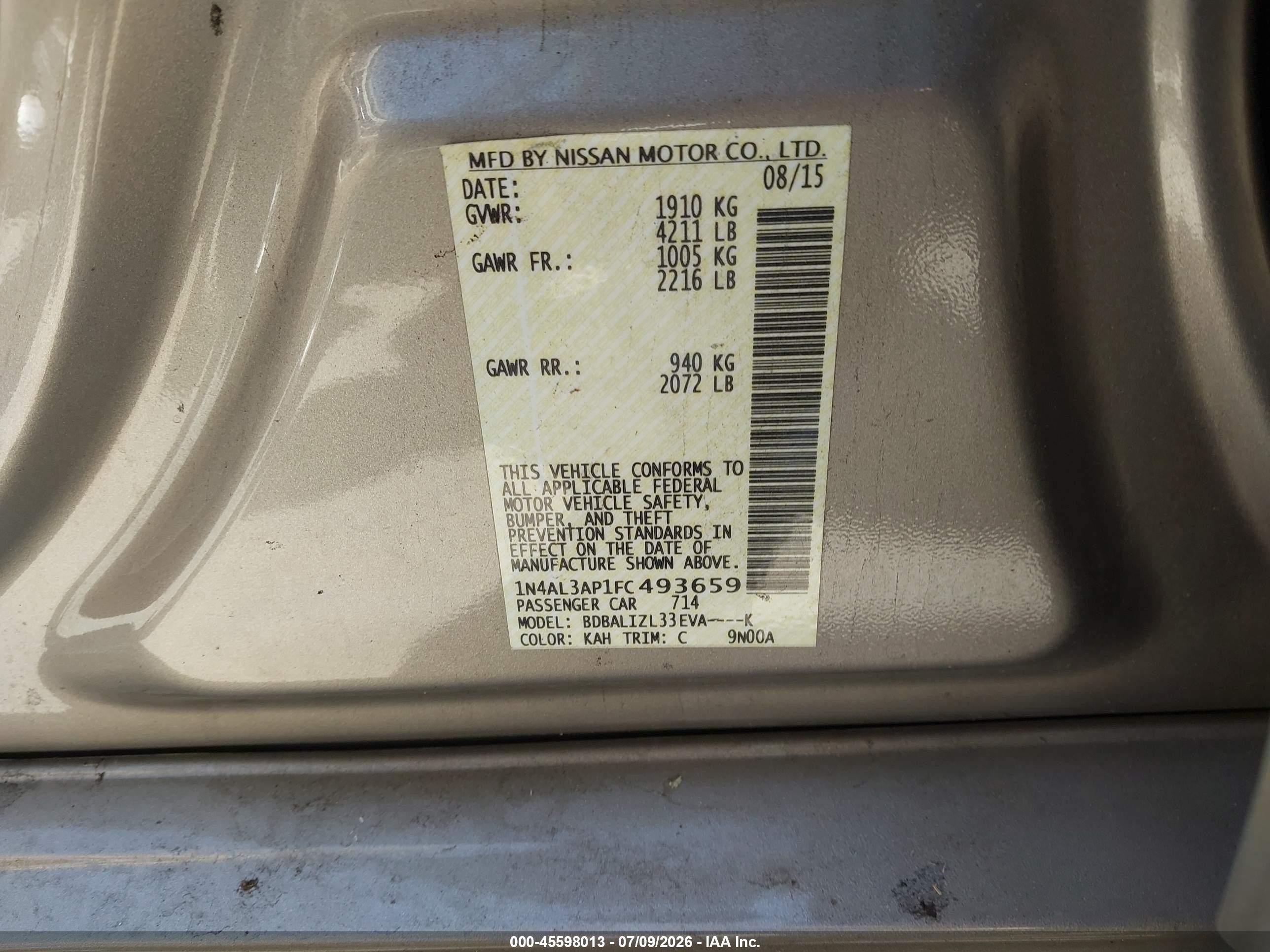 2015 Nissan Altima 2.5 Sv Beige vin: 1N4AL3AP1FC493659