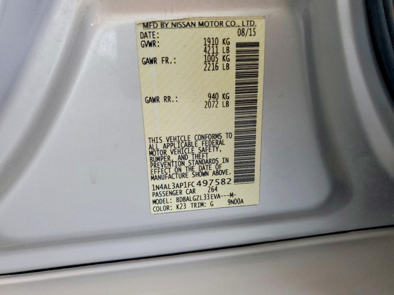 2015 Nissan Altima 2.5 S Silver vin: 1N4AL3AP1FC497582
