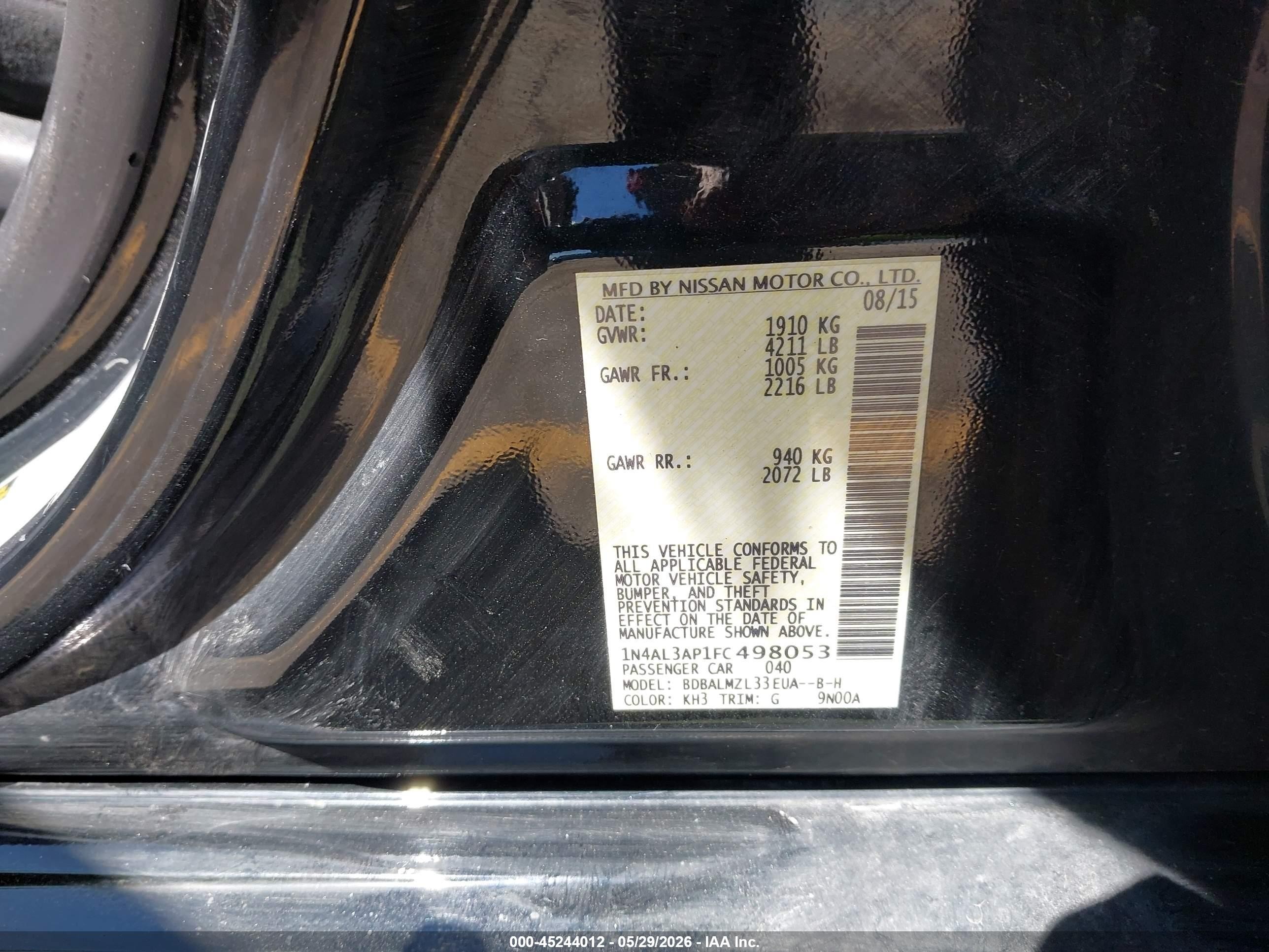 2015 Nissan Altima 2.5 Sv Black vin: 1N4AL3AP1FC498053