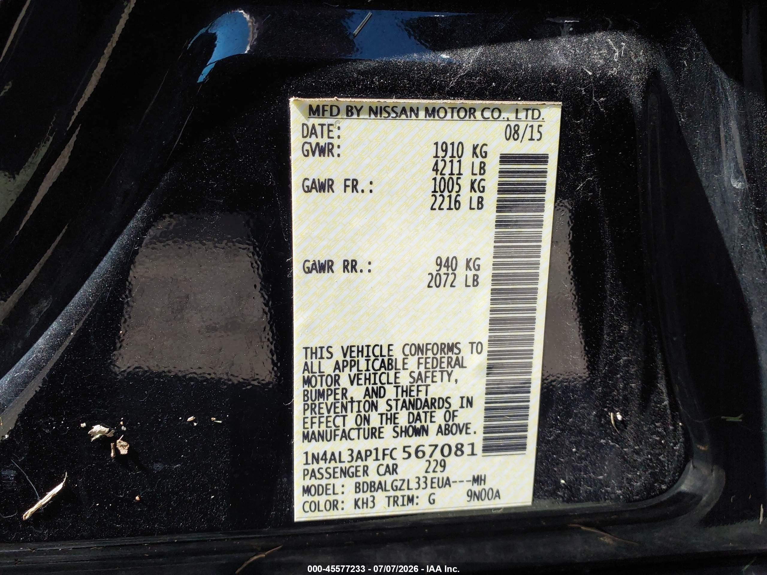 2015 Nissan Altima 2.5 S Black vin: 1N4AL3AP1FC567081