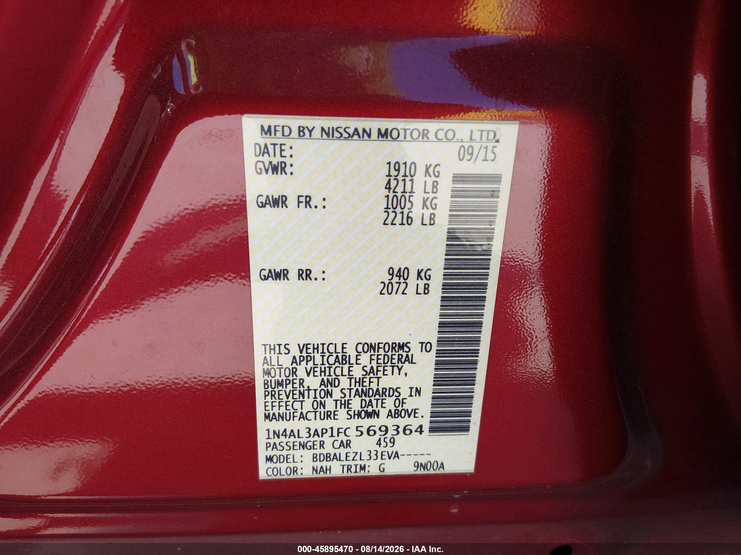2015 Nissan Altima 2.5 S Red vin: 1N4AL3AP1FC569364