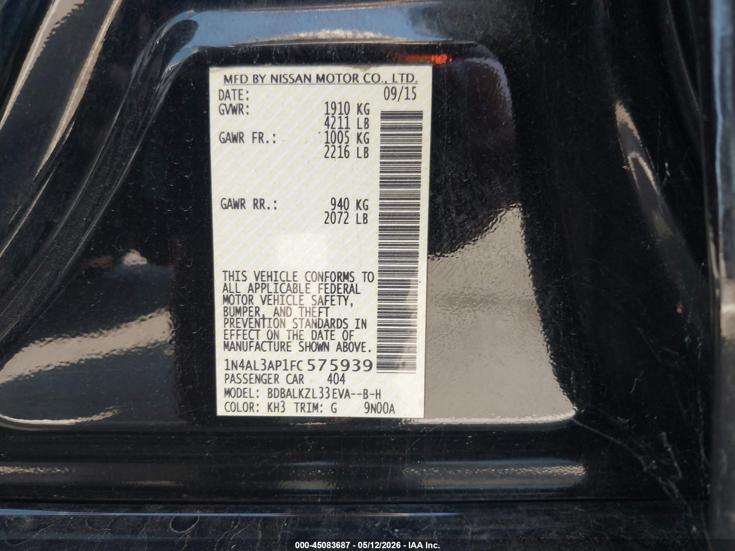 2015 Nissan Altima 2.5 Sv Black vin: 1N4AL3AP1FC575939