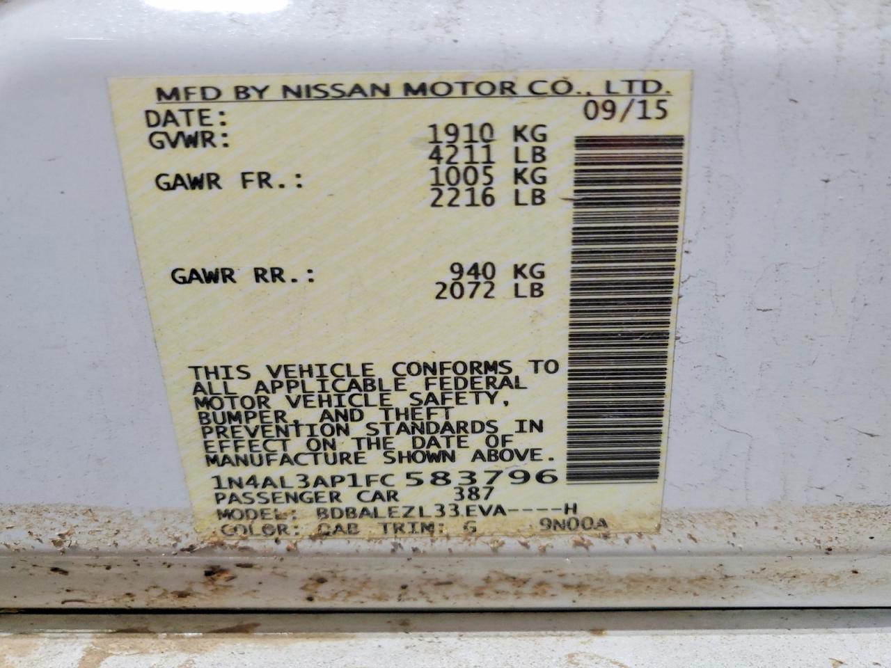 2015 Nissan Altima 2.5 S White vin: 1N4AL3AP1FC583796