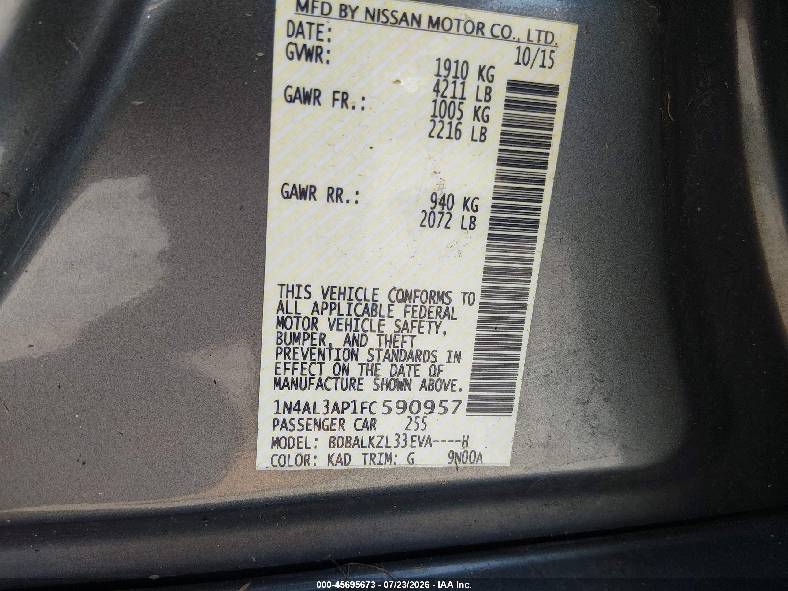 2015 Nissan Altima 2.5 Sv Tan vin: 1N4AL3AP1FC590957