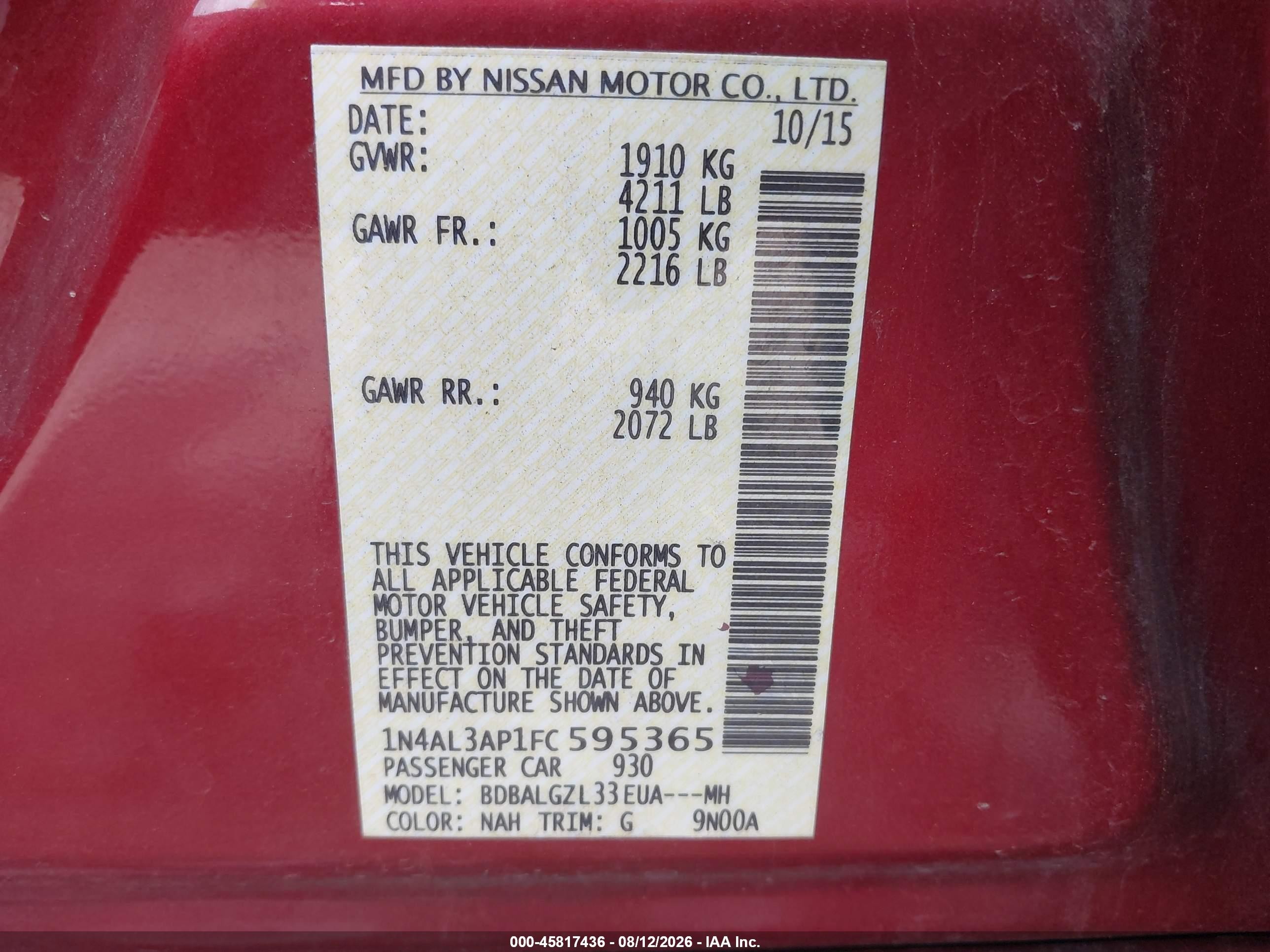 2015 Nissan Altima 2.5 S Red vin: 1N4AL3AP1FC595365