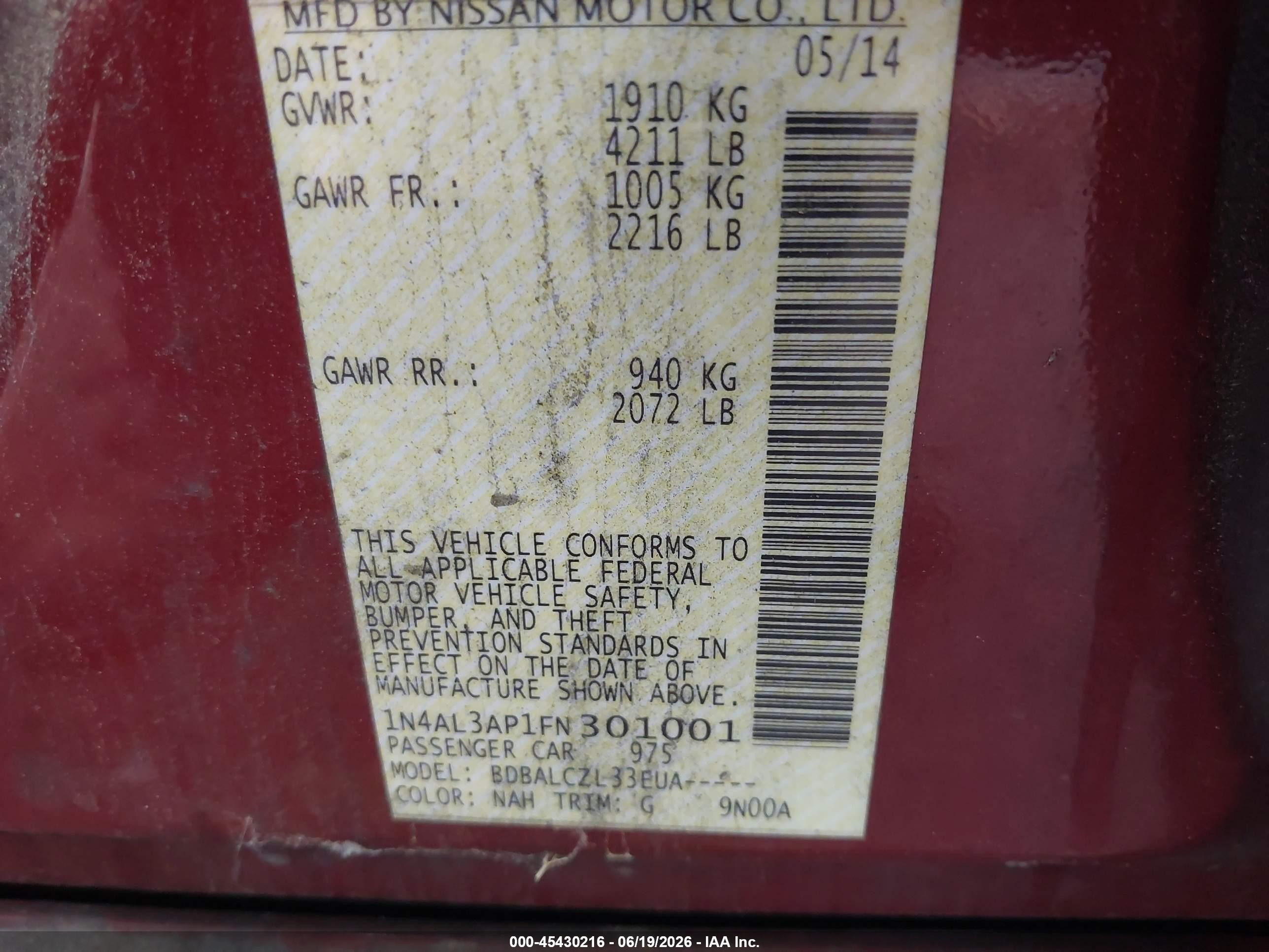 2015 Nissan Altima 2.5/2.5 S/2.5 Sl/2.5 Sv Red vin: 1N4AL3AP1FN301001