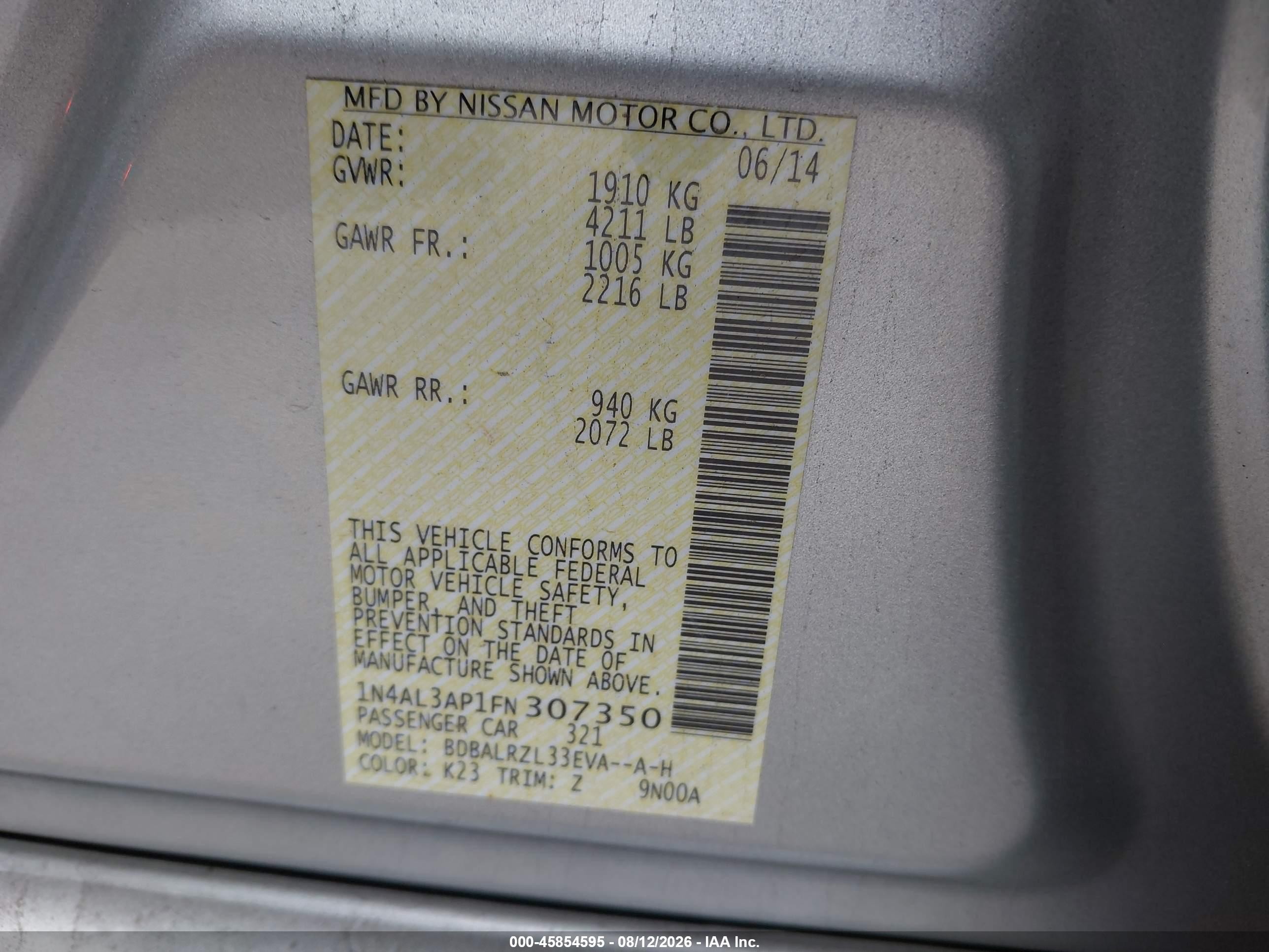 2015 Nissan Altima 2.5 Sl Silver vin: 1N4AL3AP1FN307350