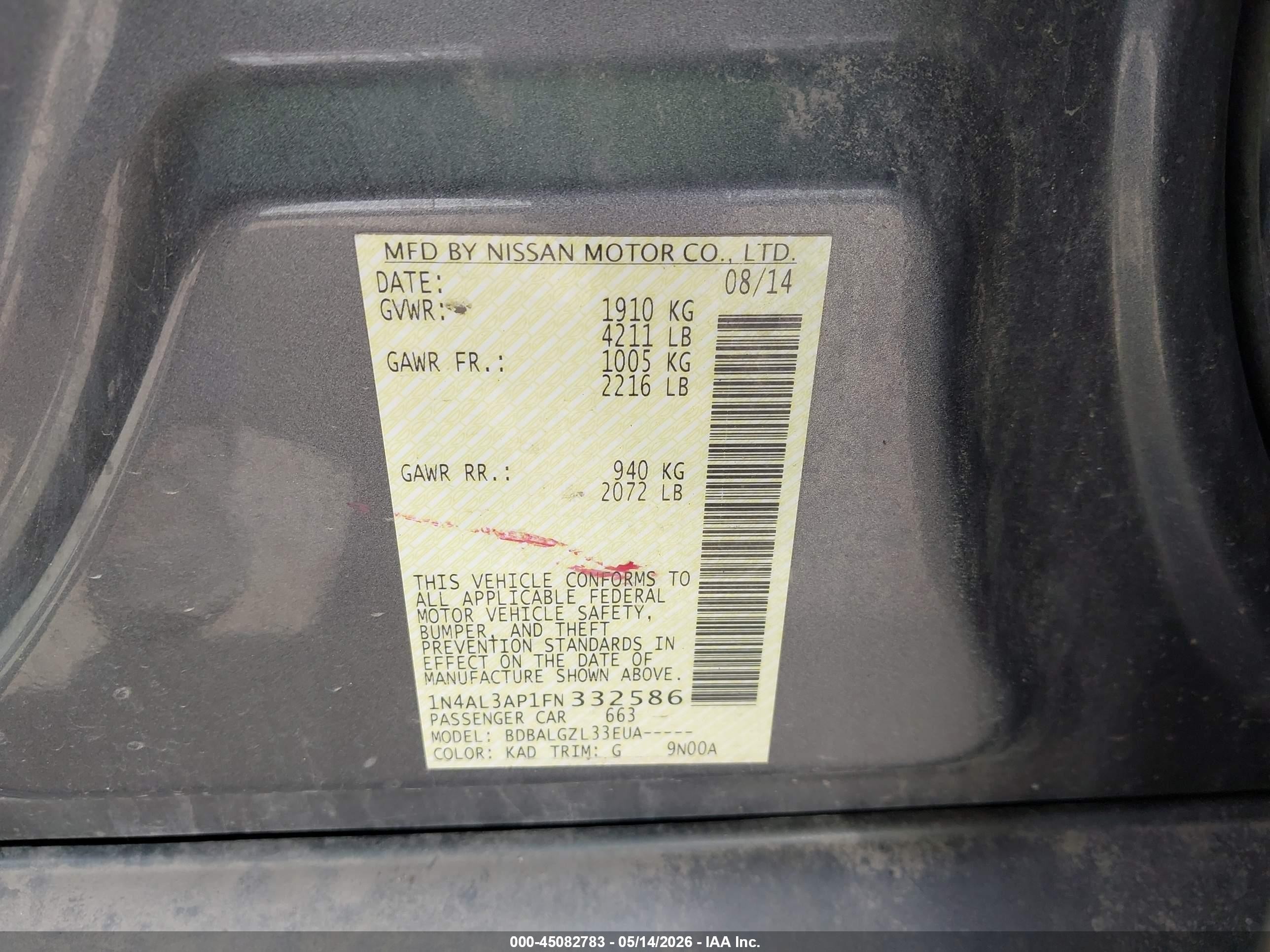 2015 Nissan Altima 2.5/2.5 S/2.5 Sl/2.5 Sv Gray vin: 1N4AL3AP1FN332586
