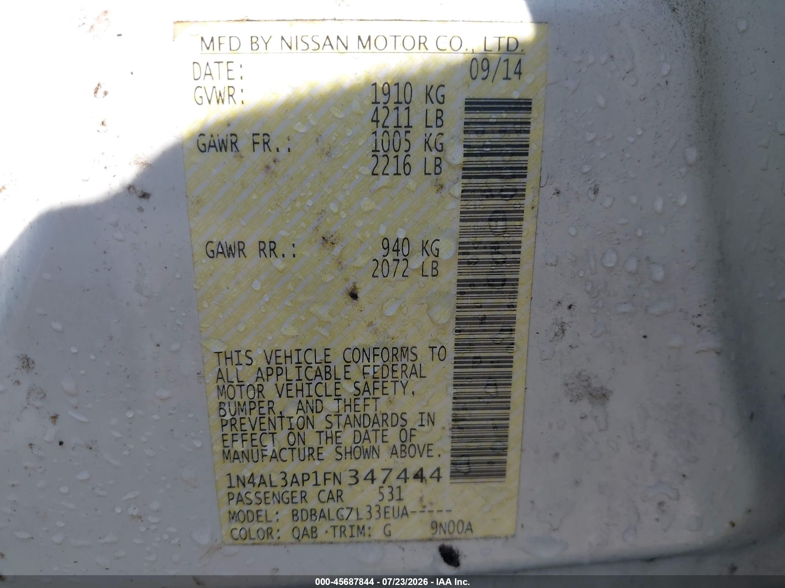 2015 Nissan Altima   White vin: 1N4AL3AP1FN347444