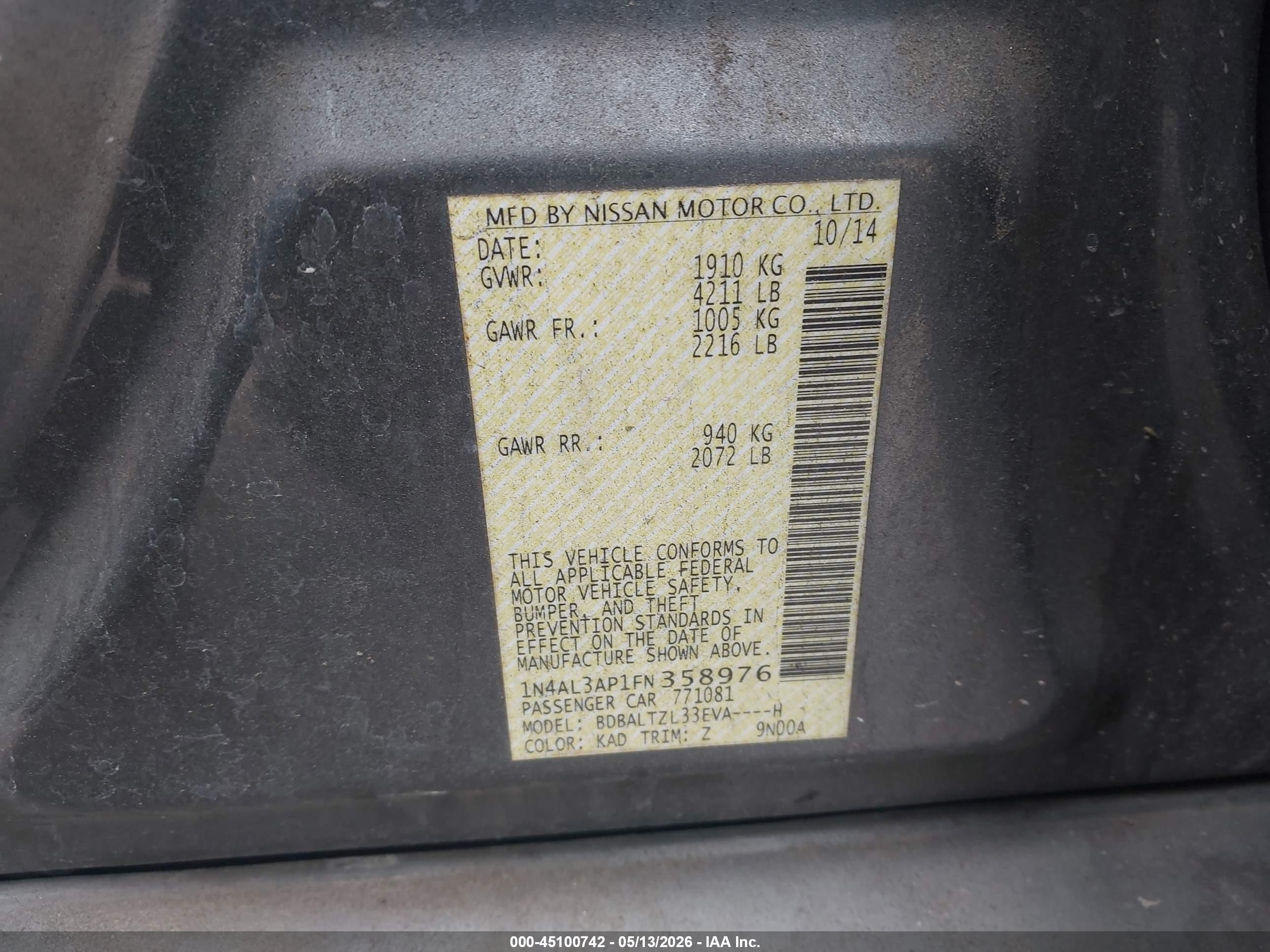2015 Nissan Altima 2.5 Sl Green vin: 1N4AL3AP1FN358976