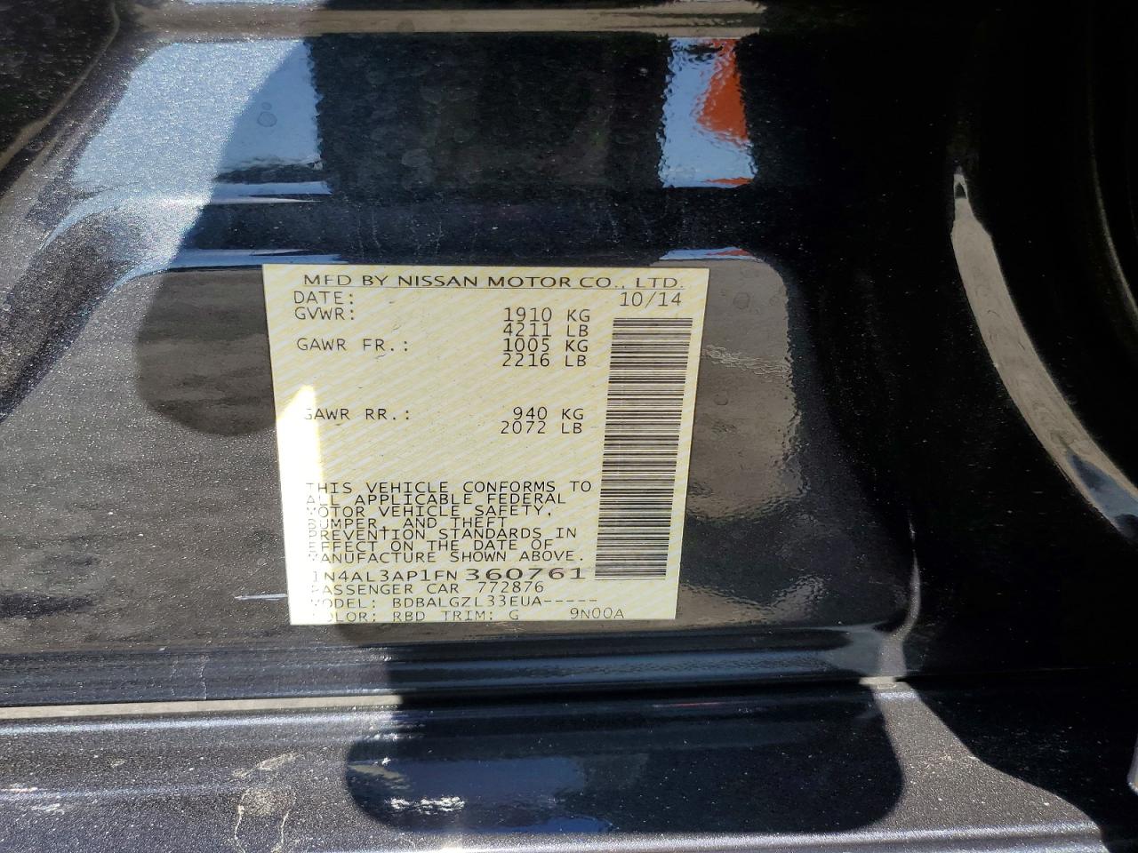 2015 Nissan Altima 2.5 S Black vin: 1N4AL3AP1FN360761