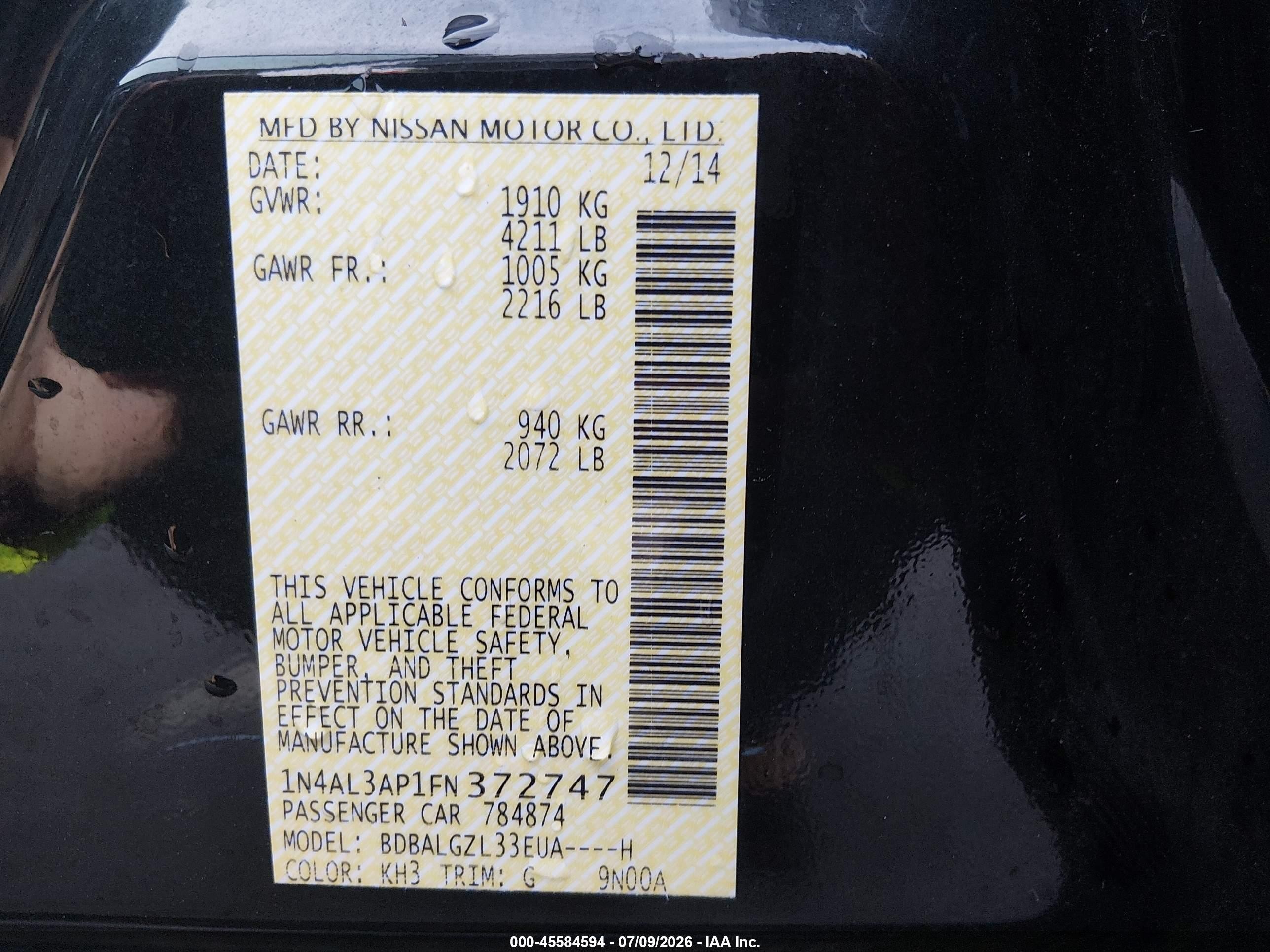 2015 Nissan Altima 2.5 S Black vin: 1N4AL3AP1FN372747