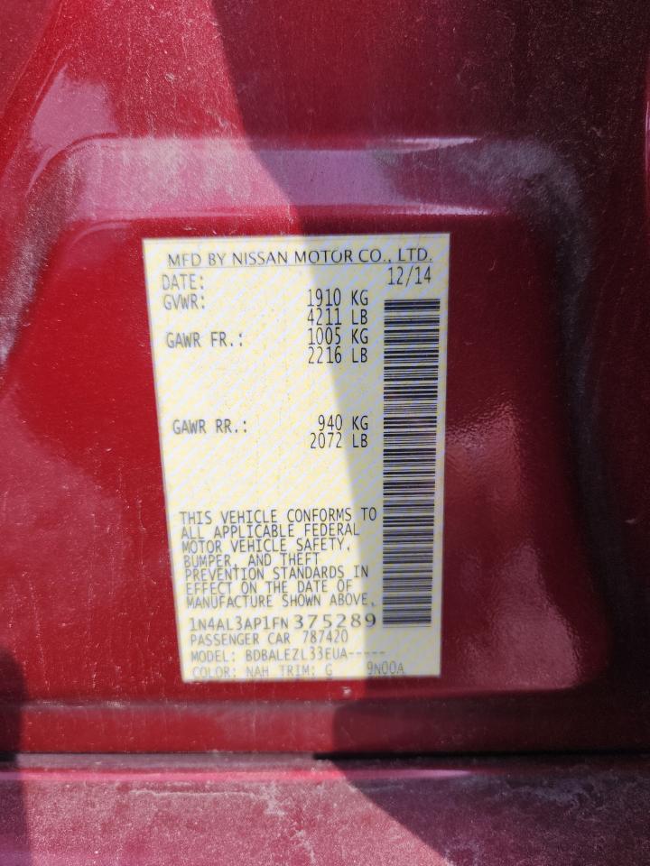 2015 Nissan Altima 2.5 S Red vin: 1N4AL3AP1FN375289