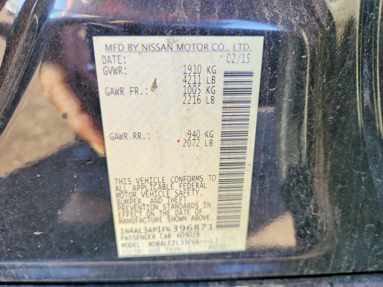 2015 Nissan Altima 2.5 S Черный vin: 1N4AL3AP1FN396871