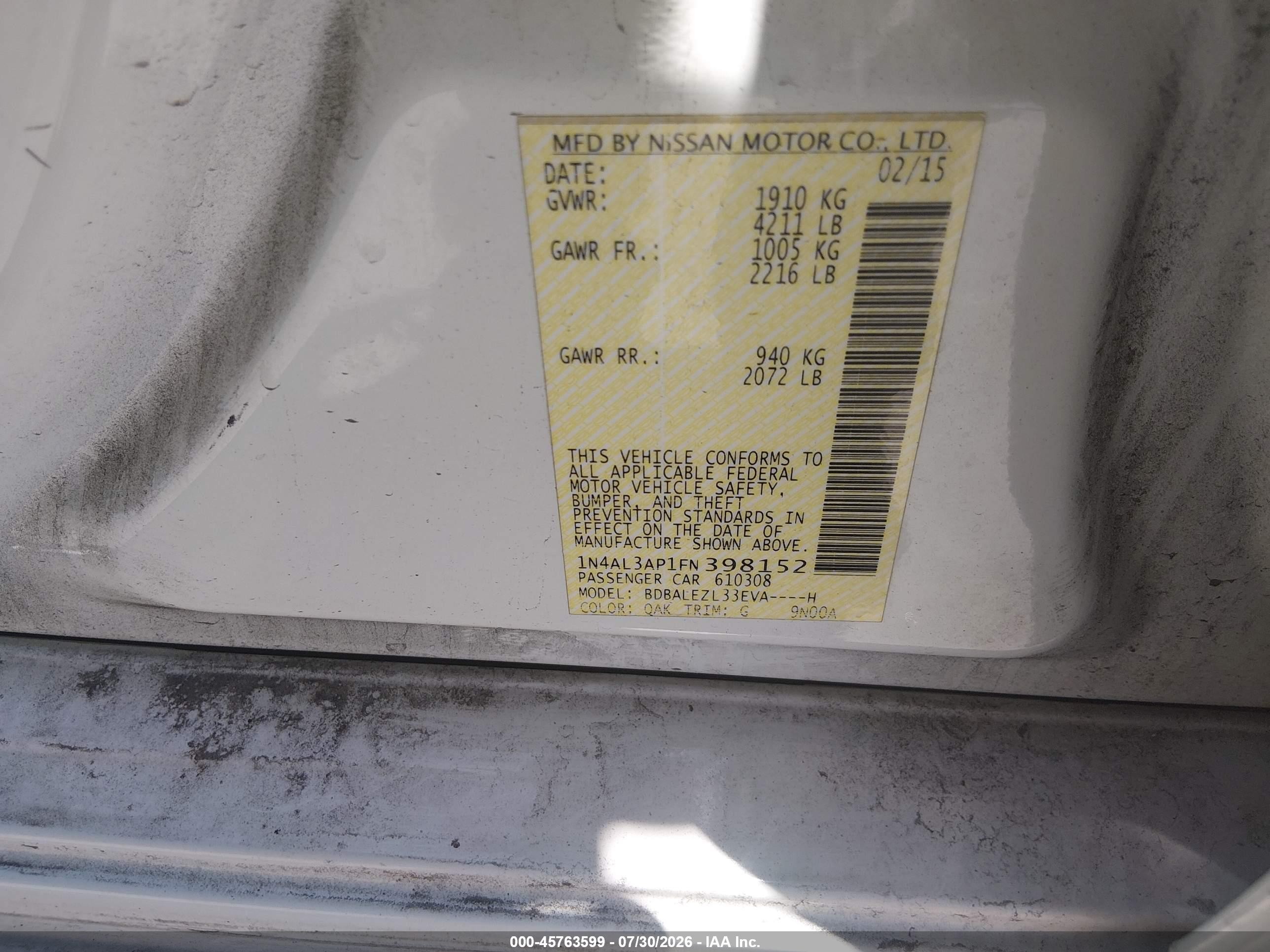 2015 Nissan Altima 2.5 S White vin: 1N4AL3AP1FN398152