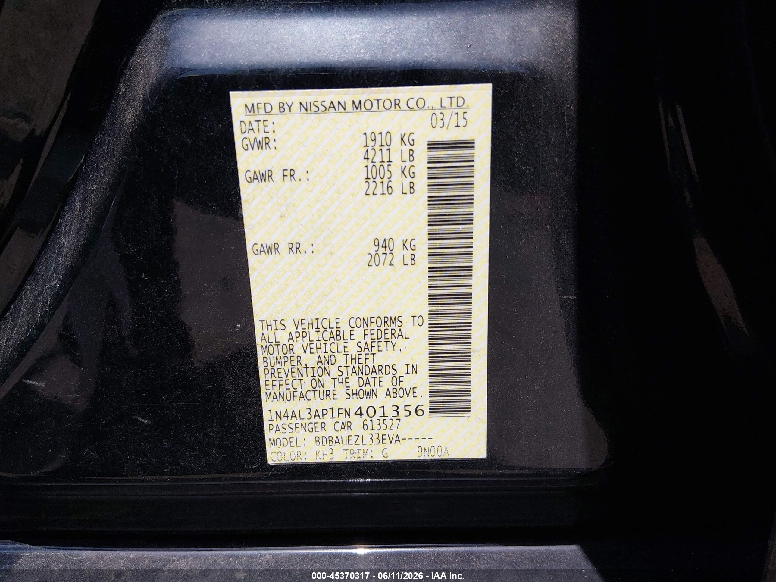 2015 Nissan Altima 2.5 S Черный vin: 1N4AL3AP1FN401356