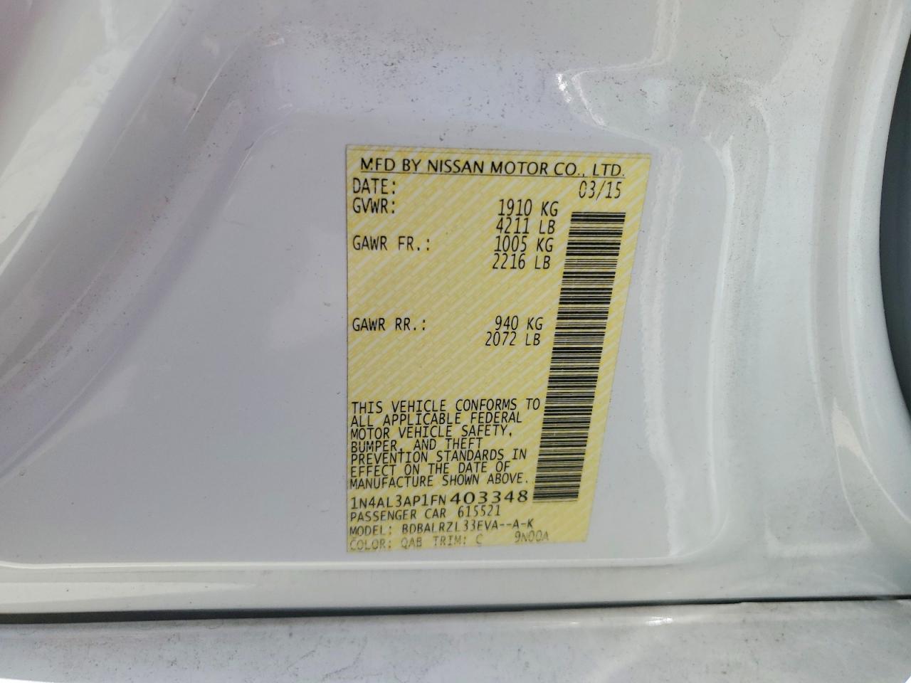 2015 Nissan Altima White vin: 1N4AL3AP1FN403348