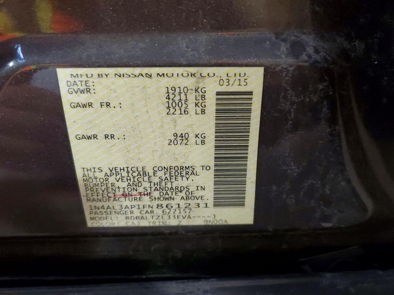 2015 Nissan Altima 2.5 Sl Charcoal vin: 1N4AL3AP1FN861231