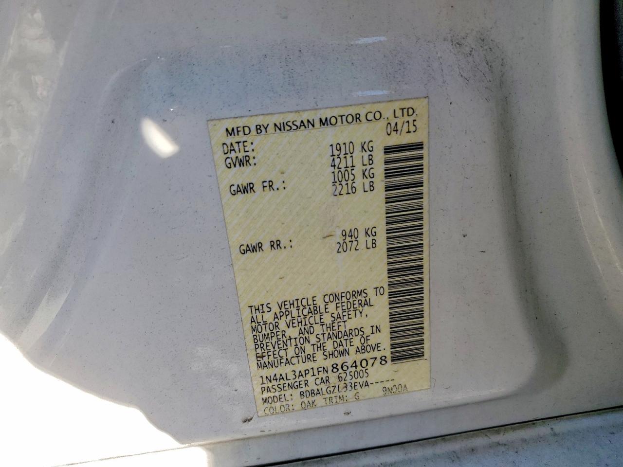 2015 Nissan Altima 2.5 S Белый vin: 1N4AL3AP1FN864078