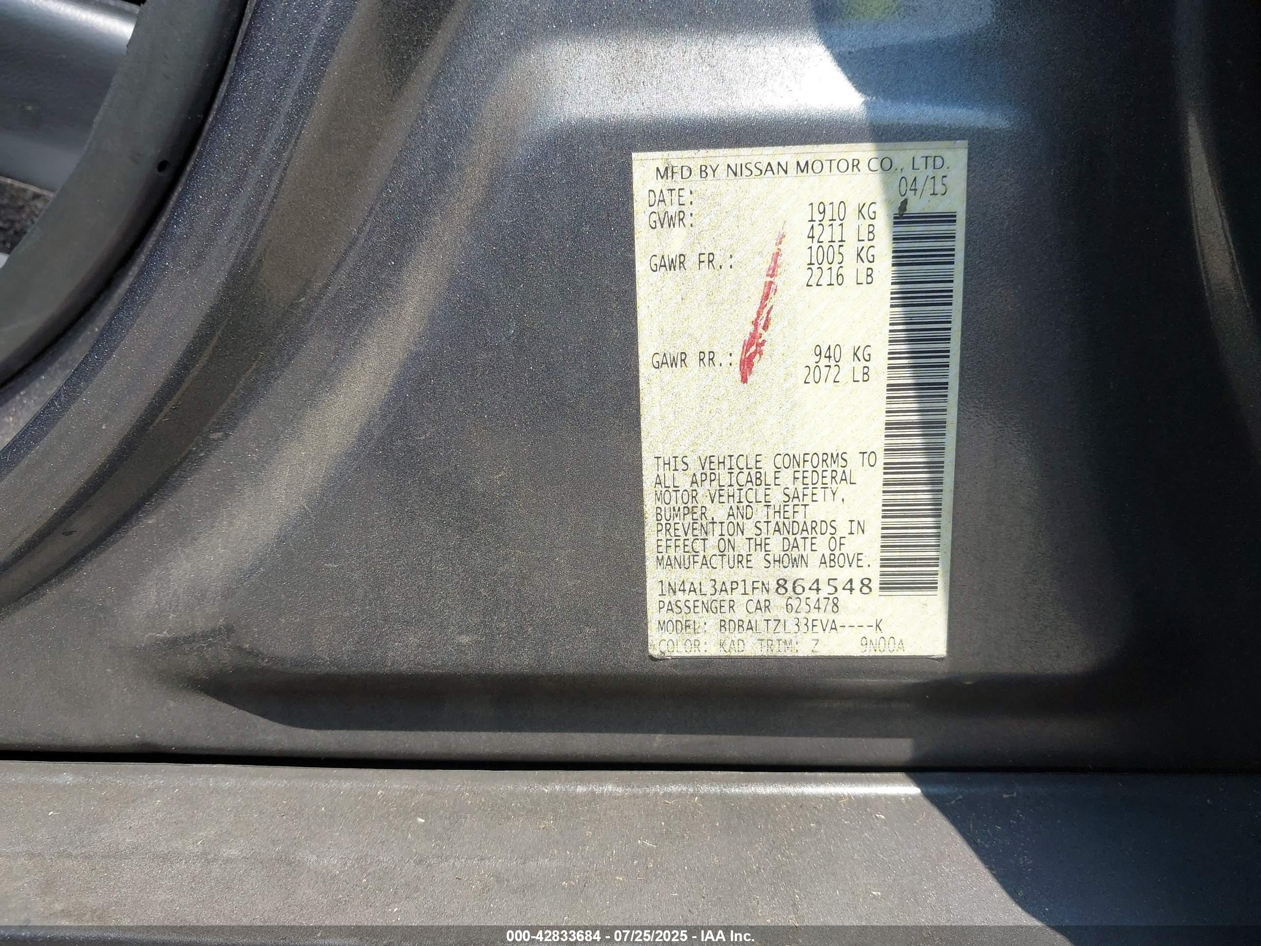 2015 Nissan Altima 2.5 Sl Gray vin: 1N4AL3AP1FN864548