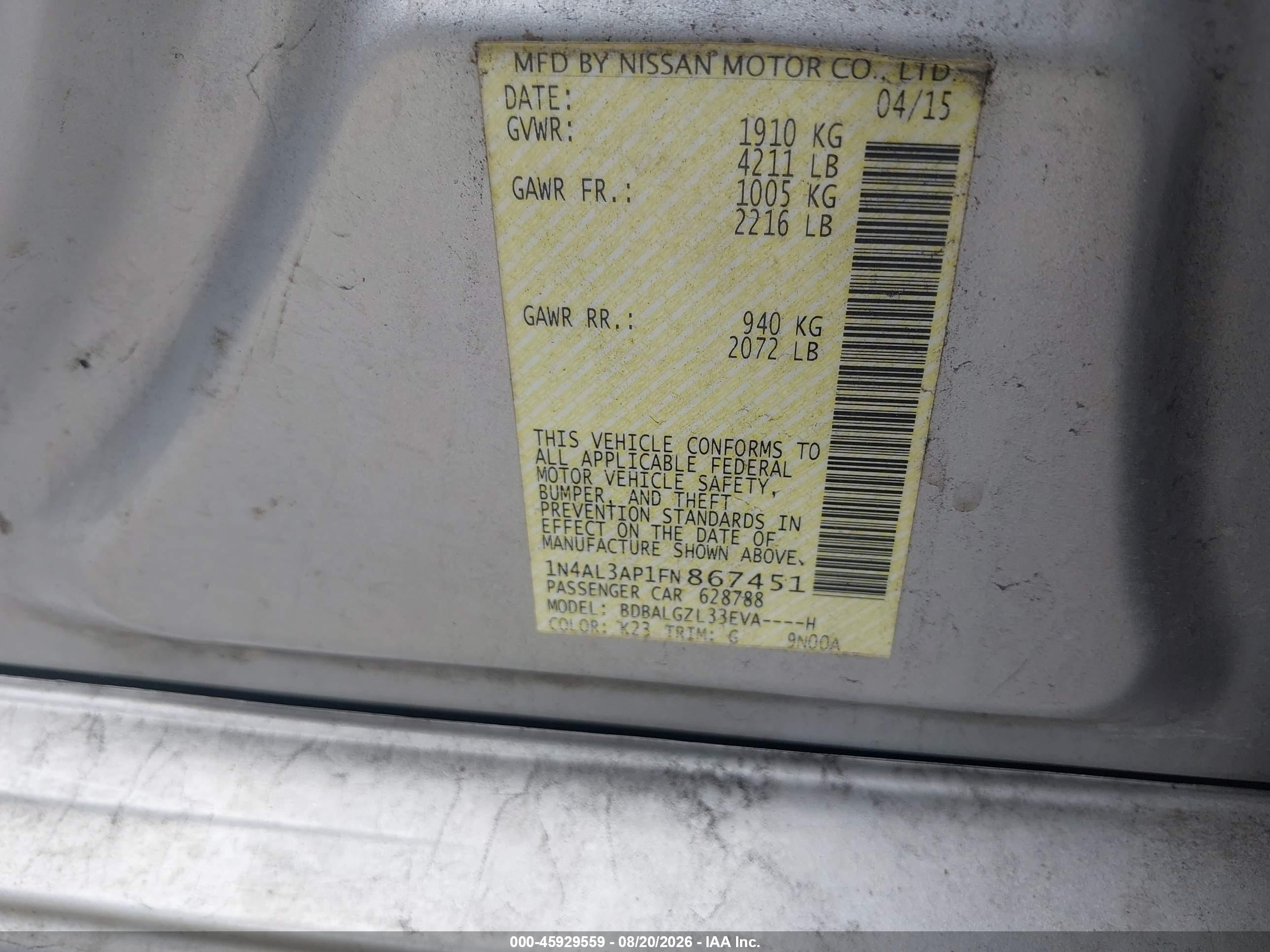 2015 Nissan Altima 2.5 S Silver vin: 1N4AL3AP1FN867451