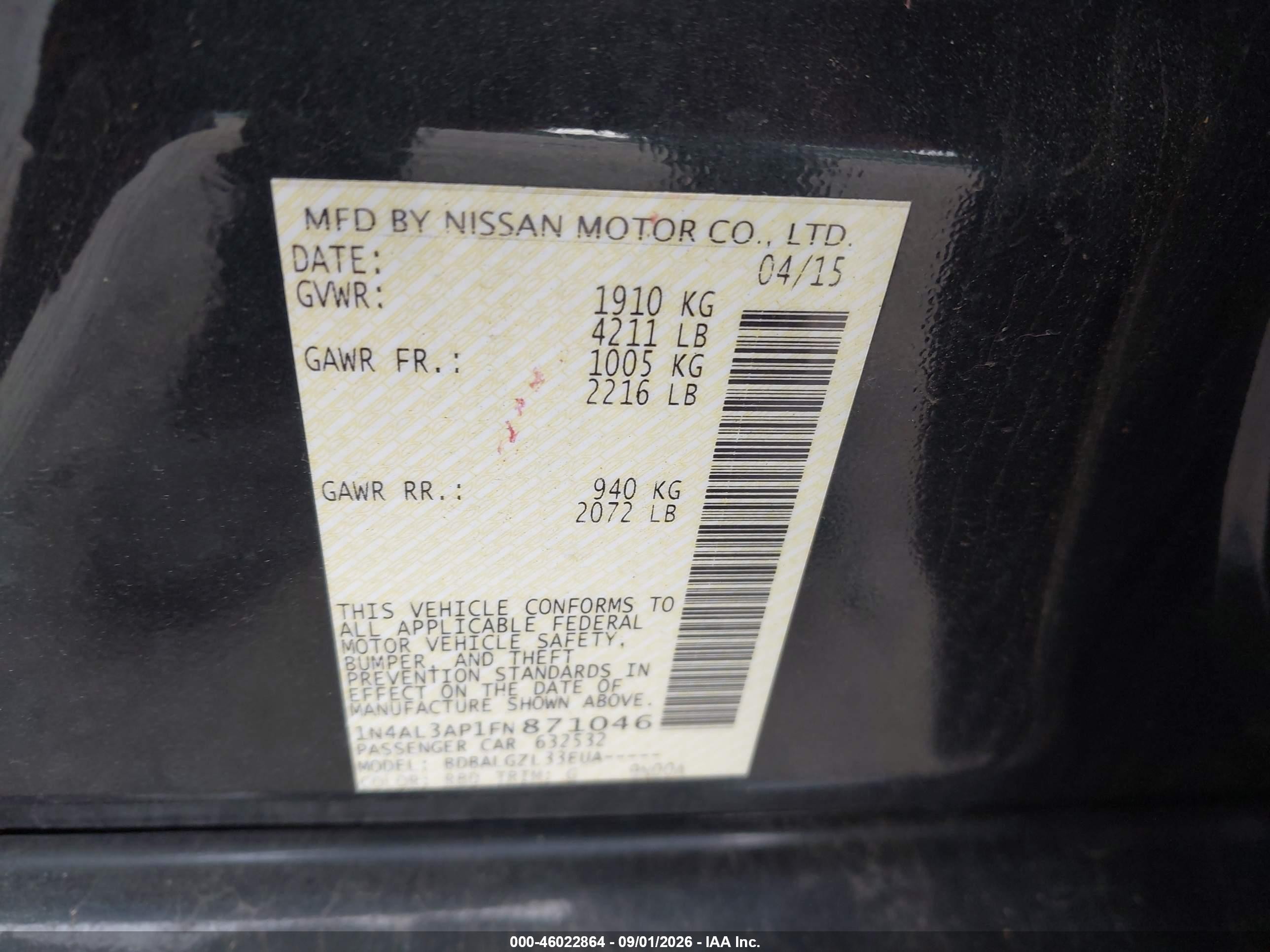 2015 Nissan Altima 2.5/2.5 S/2.5 Sl/2.5 Sv Dark Blue vin: 1N4AL3AP1FN871046