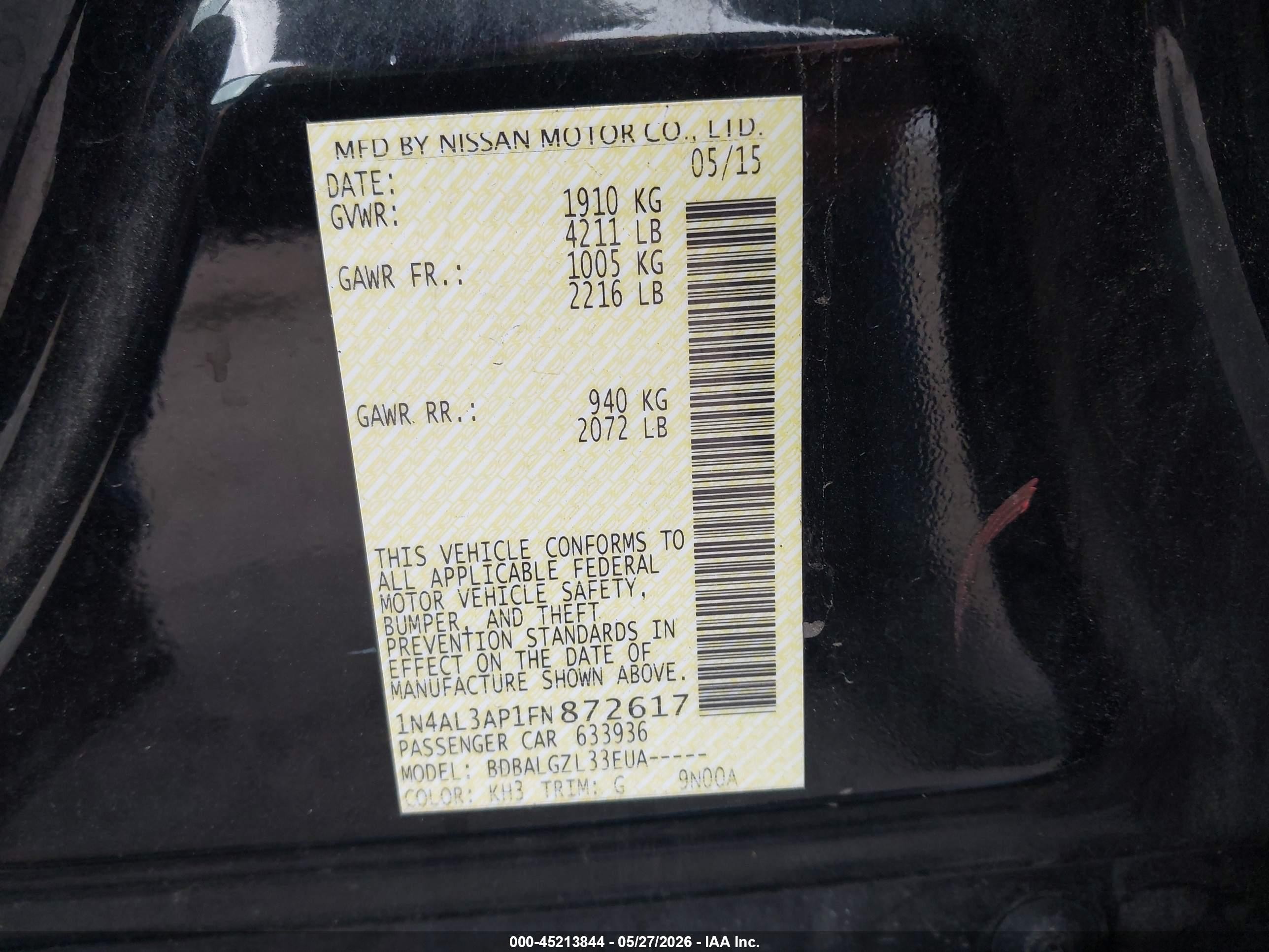 2015 Nissan Altima 2.5/2.5 S/2.5 Sl/2.5 Sv Black vin: 1N4AL3AP1FN872617