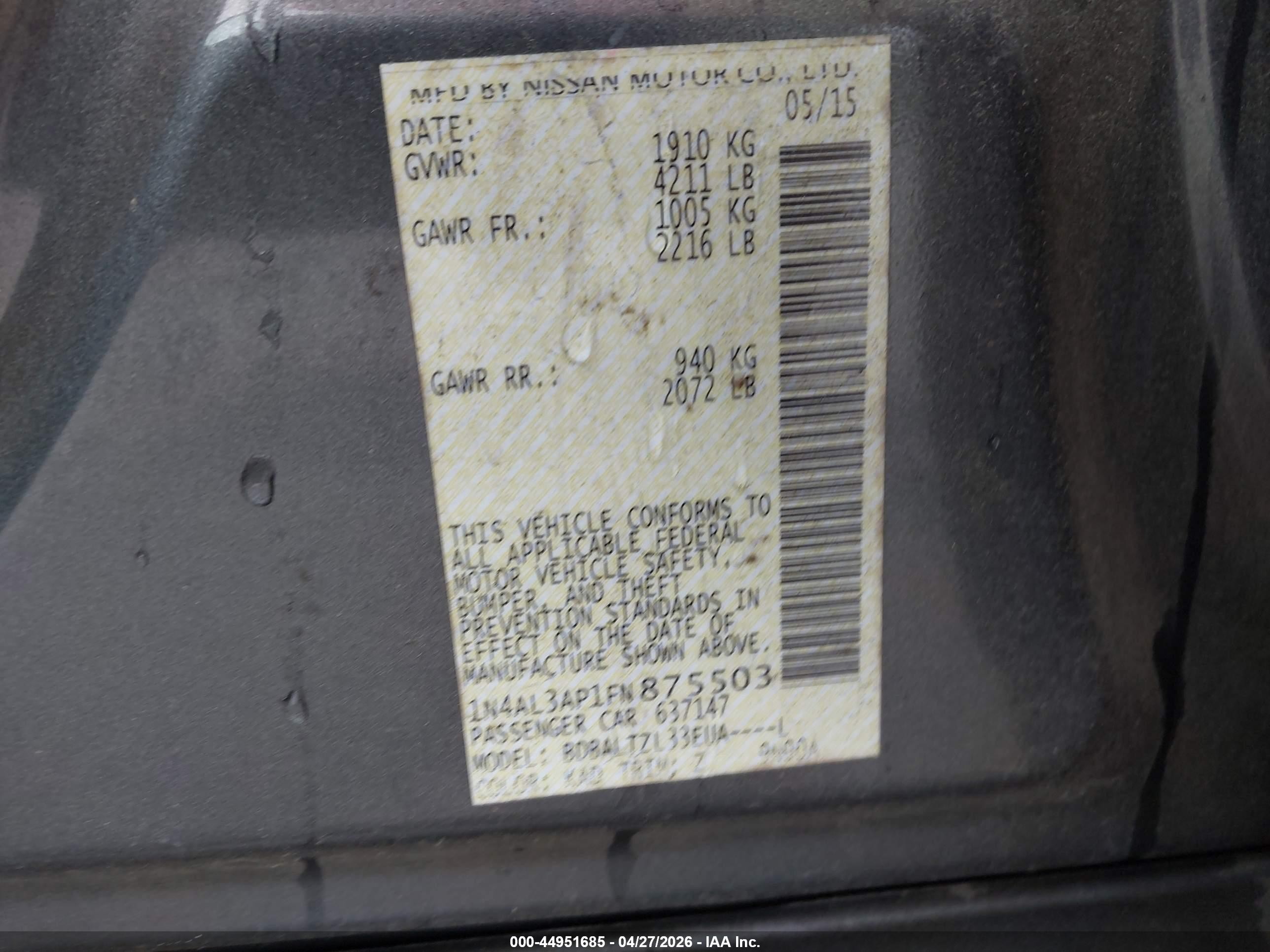 2015 Nissan Altima 2.5 Sl Серый vin: 1N4AL3AP1FN875503