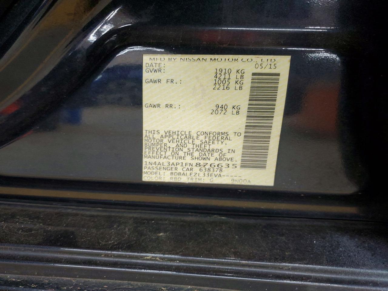 2015 Nissan Altima 2.5 S Black vin: 1N4AL3AP1FN876635