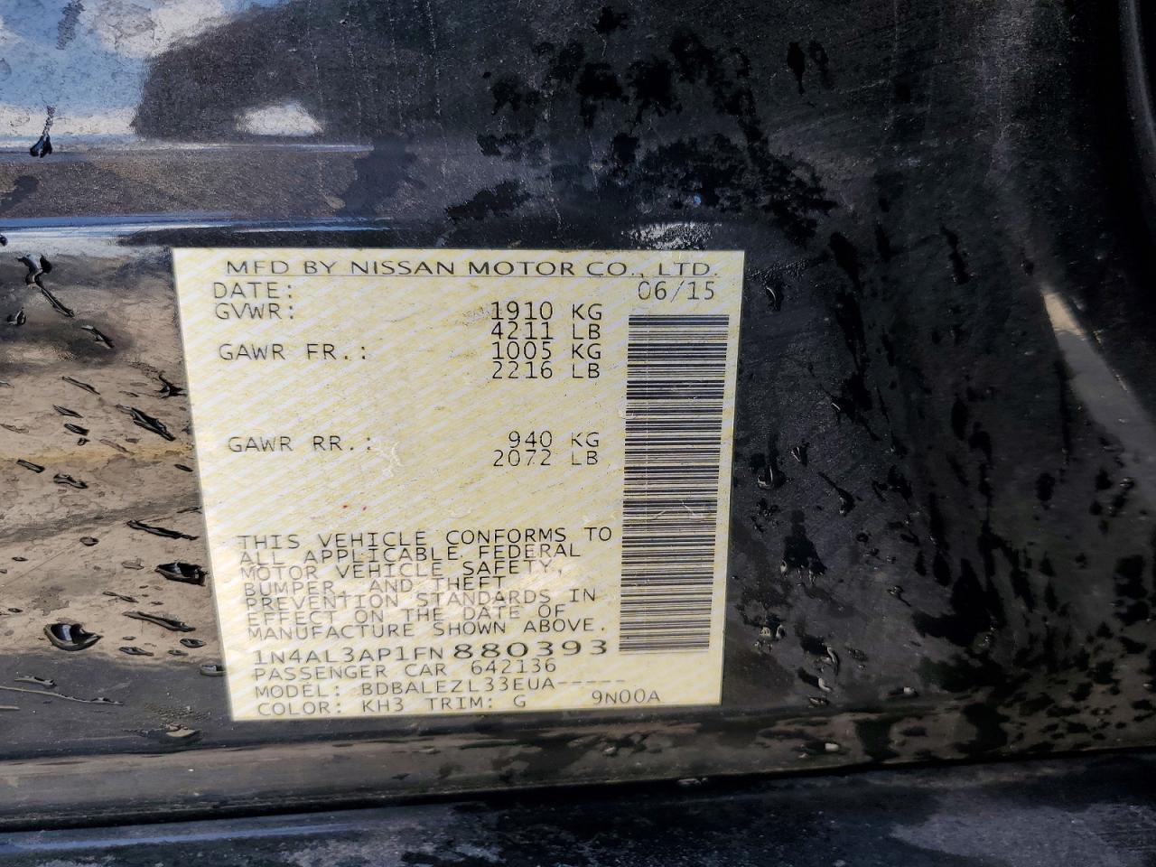2015 Nissan Altima 2.5 S Black vin: 1N4AL3AP1FN880393