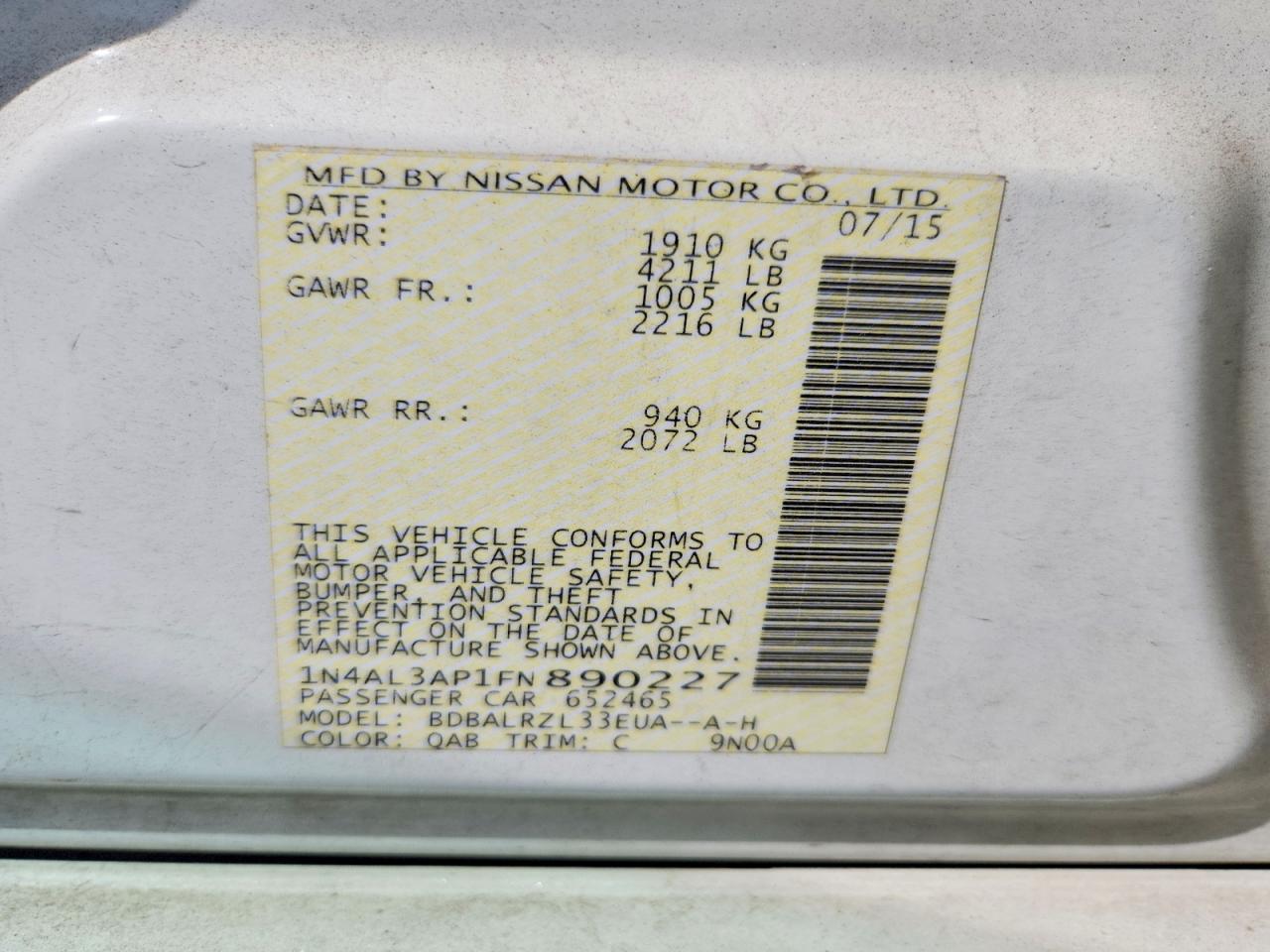 2015 Nissan Altima 2.5 Sl White vin: 1N4AL3AP1FN890227