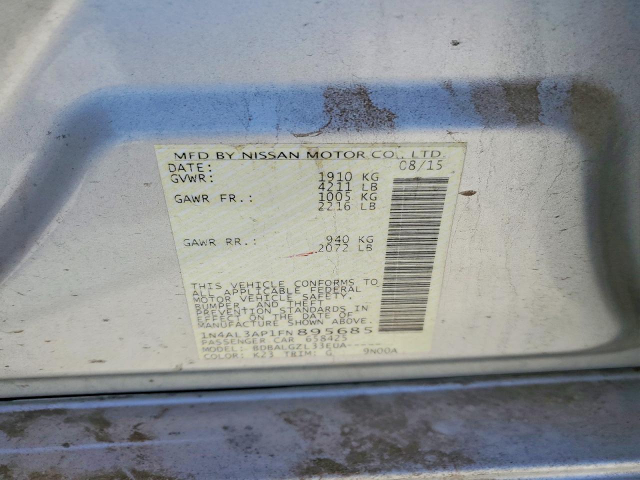 2015 Nissan Altima 2.5 S Silver vin: 1N4AL3AP1FN895685