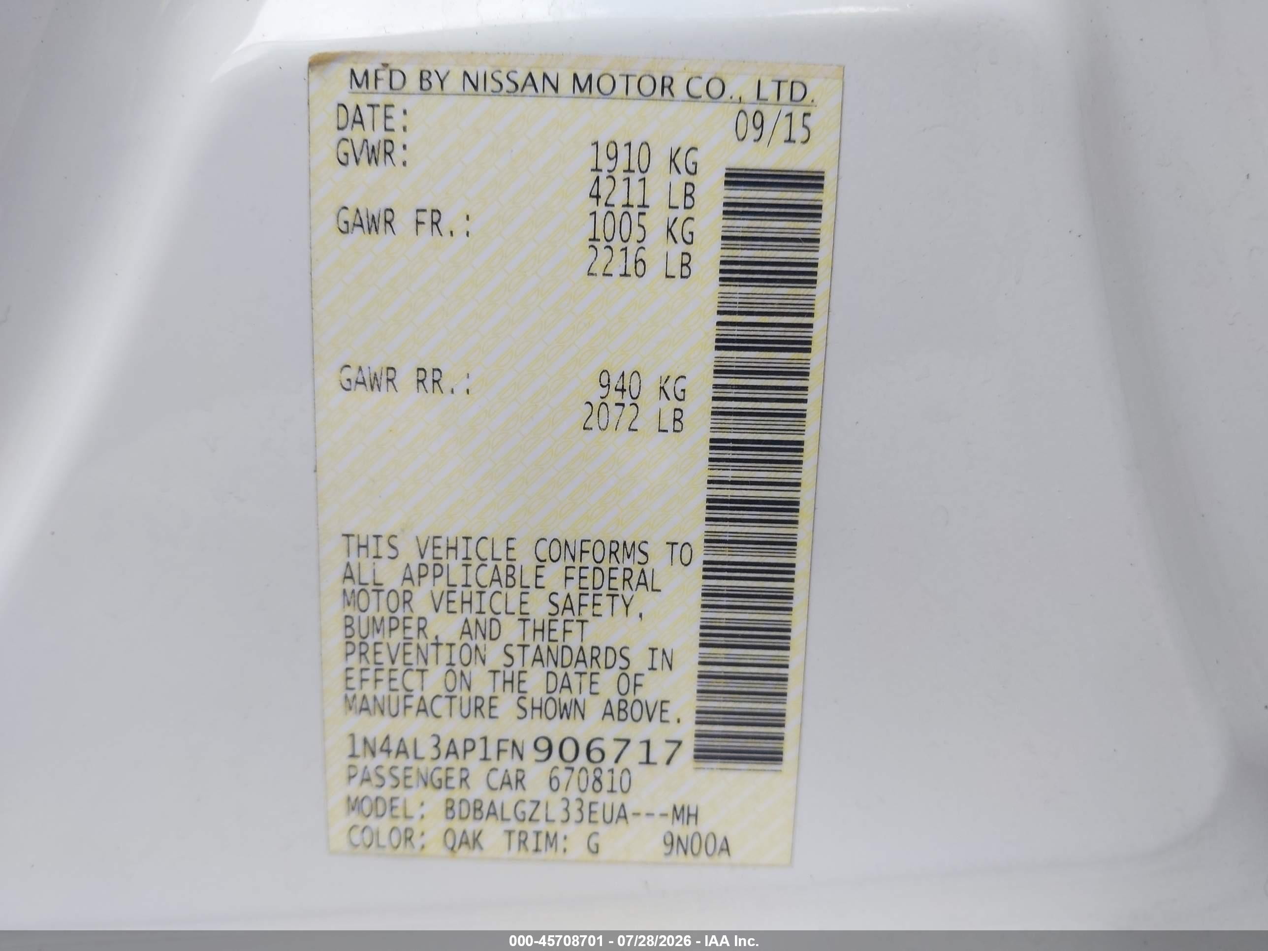 2015 Nissan Altima 2.5 S White vin: 1N4AL3AP1FN906717