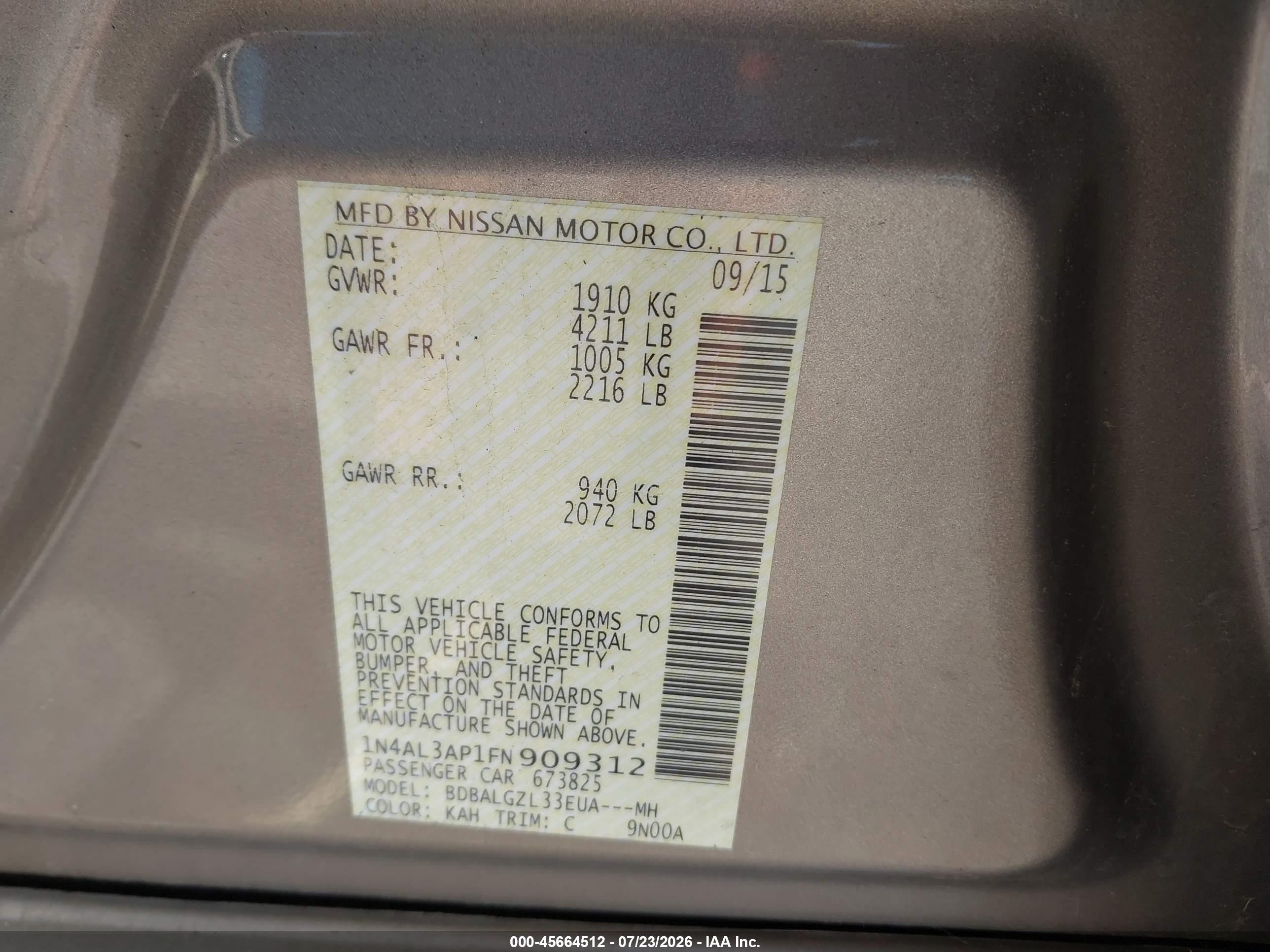 2015 Nissan Altima 2.5 S Tan vin: 1N4AL3AP1FN909312