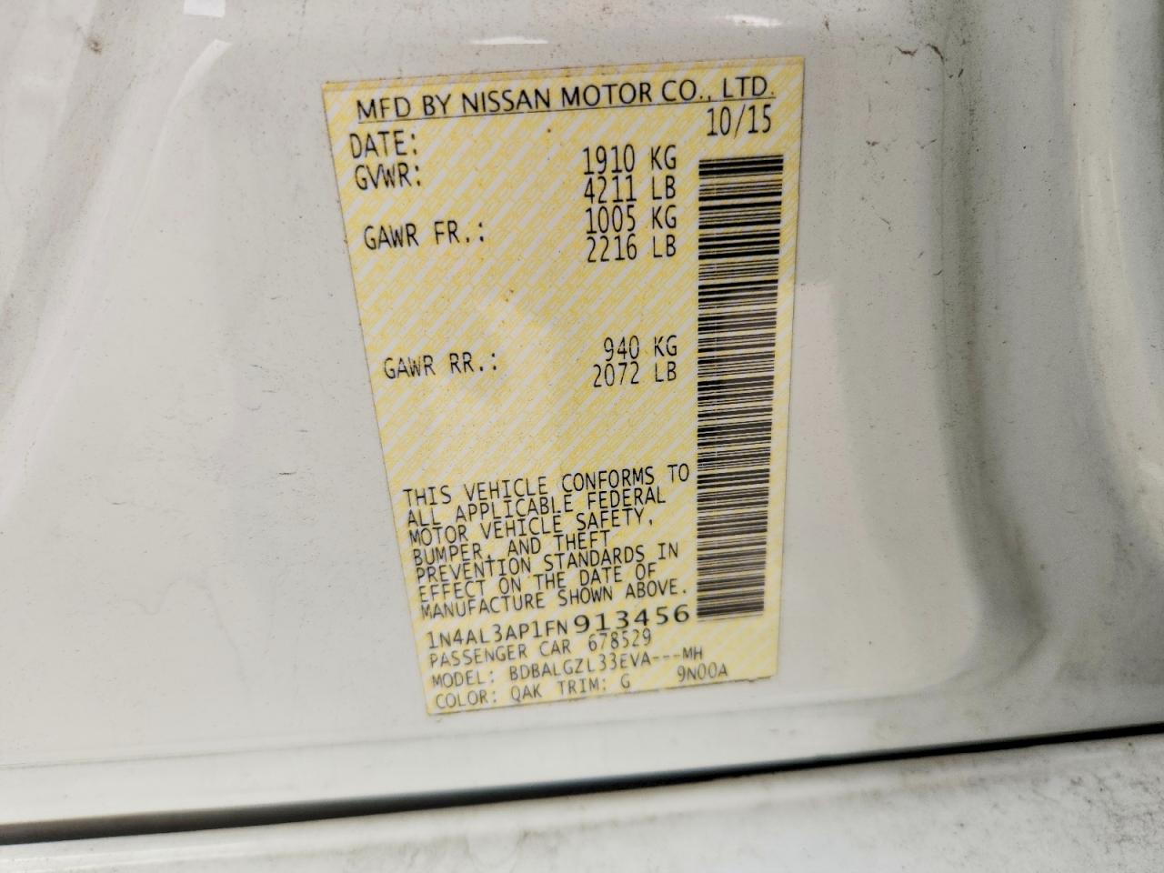 2015 Nissan Altima 2.5 S White vin: 1N4AL3AP1FN913456