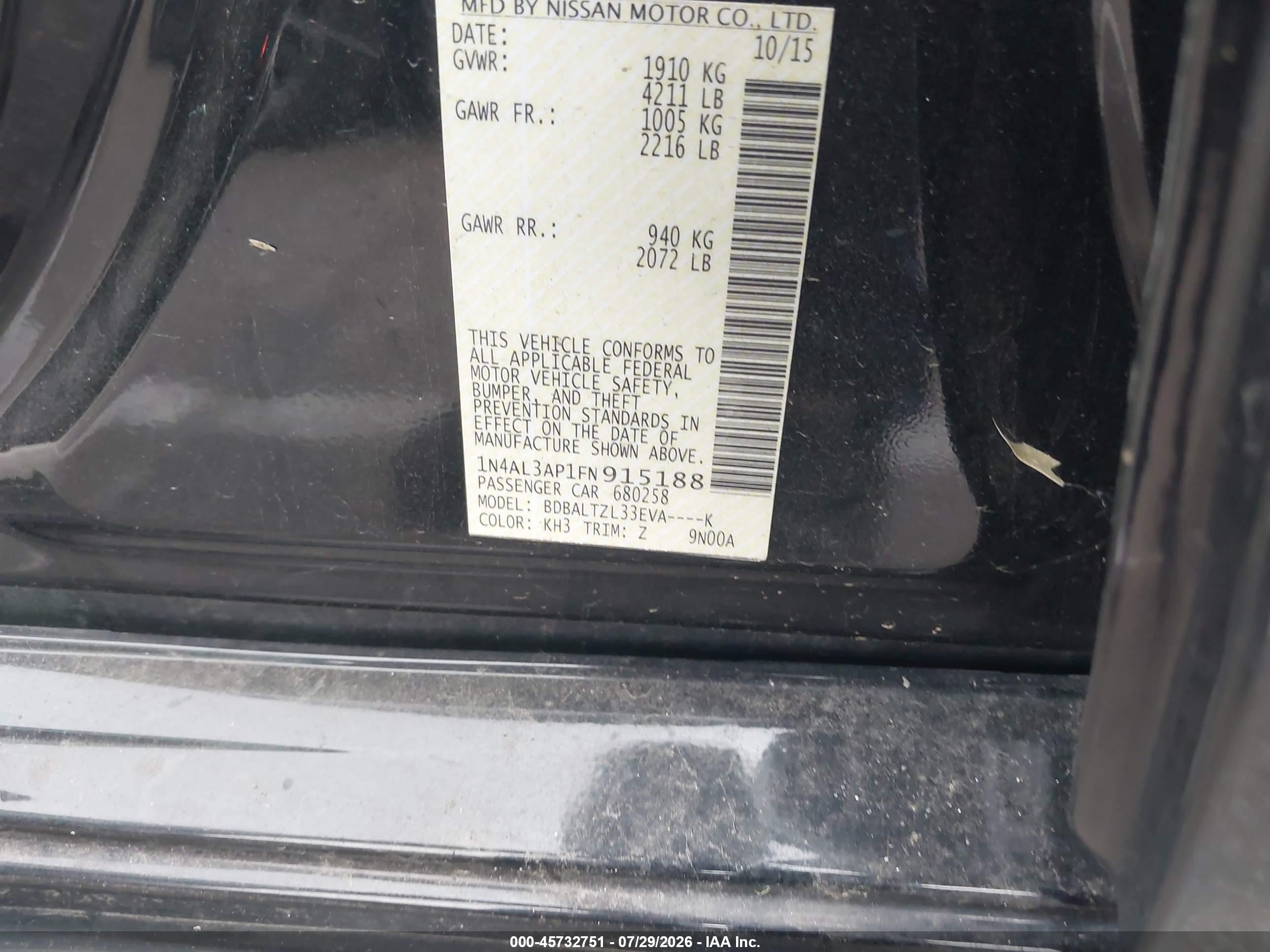 2015 Nissan Altima 2.5 Sl Black vin: 1N4AL3AP1FN915188
