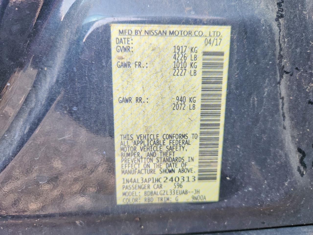 2017 Nissan Altima 2.5 S Charcoal vin: 1N4AL3AP1HC240313