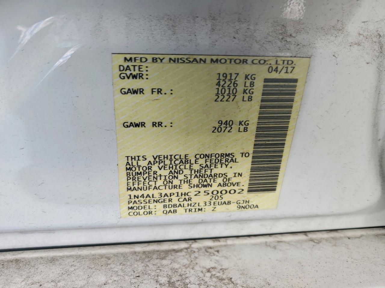 2017 Nissan Altima 2.5 Sr White vin: 1N4AL3AP1HC250002
