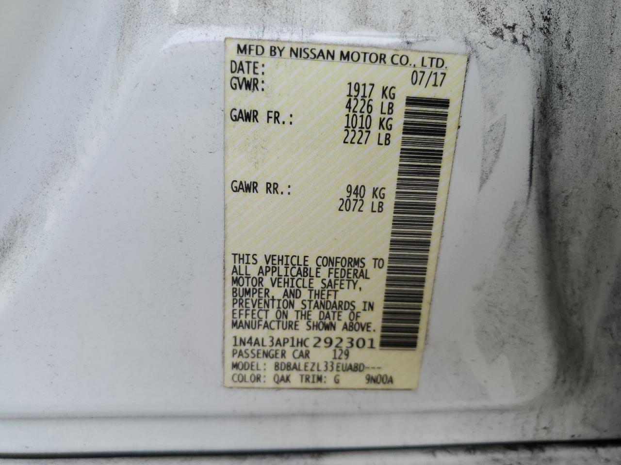 2017 Nissan Altima White vin: 1N4AL3AP1HC292301