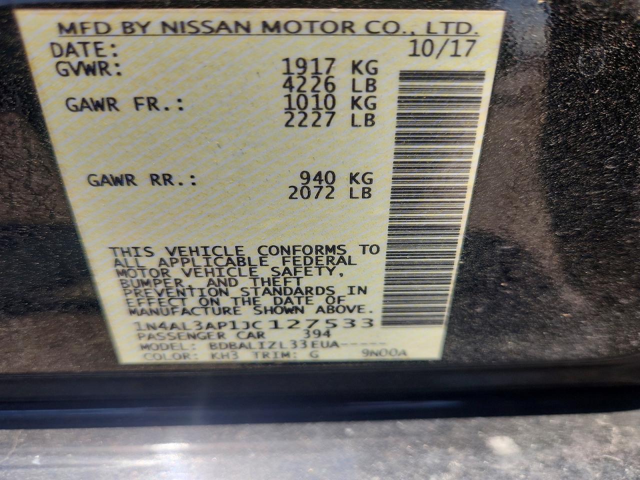 2018 Nissan Altima 2.5 Sv Black vin: 1N4AL3AP1JC127533