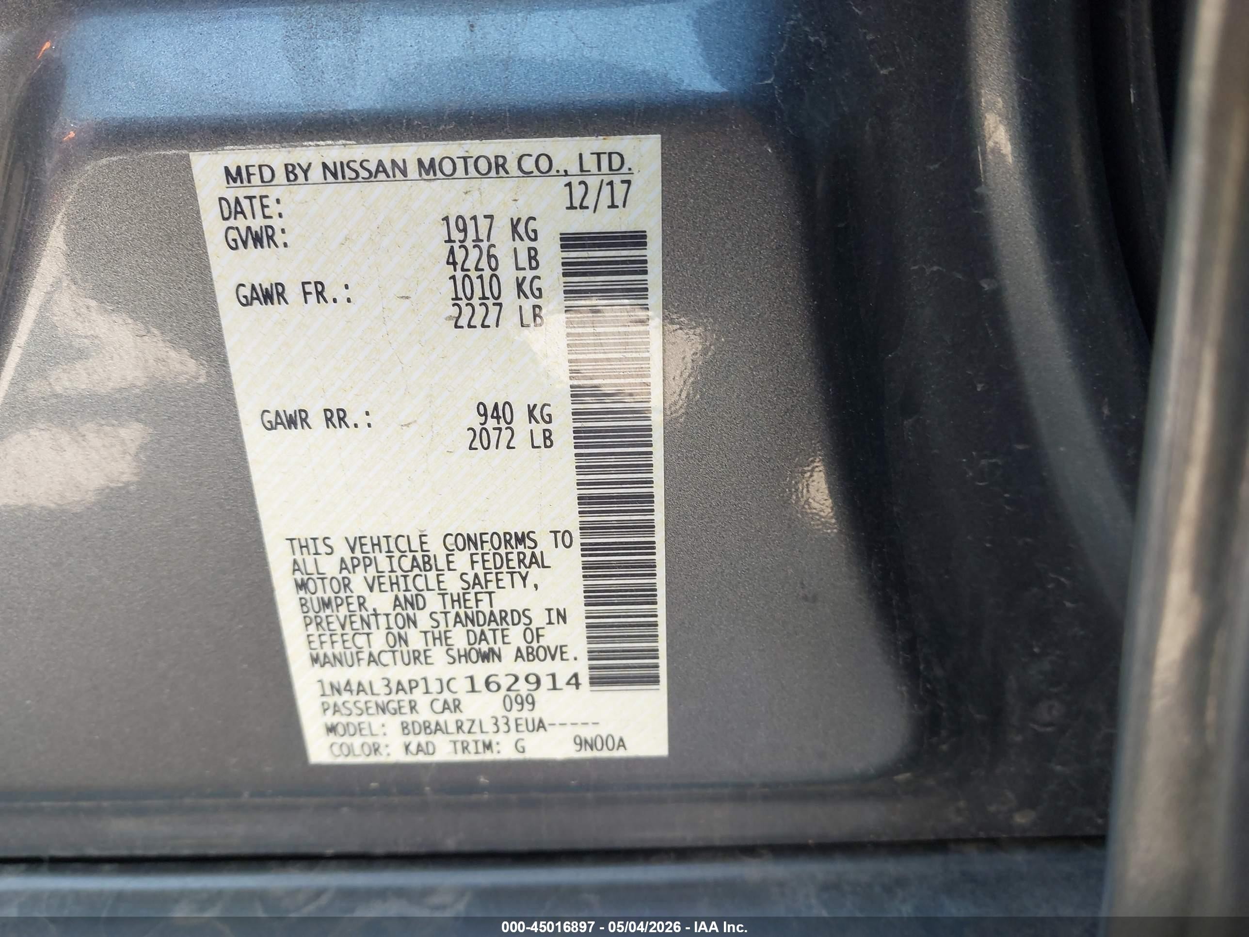 2018 Nissan Altima 2.5 Sl Gray vin: 1N4AL3AP1JC162914