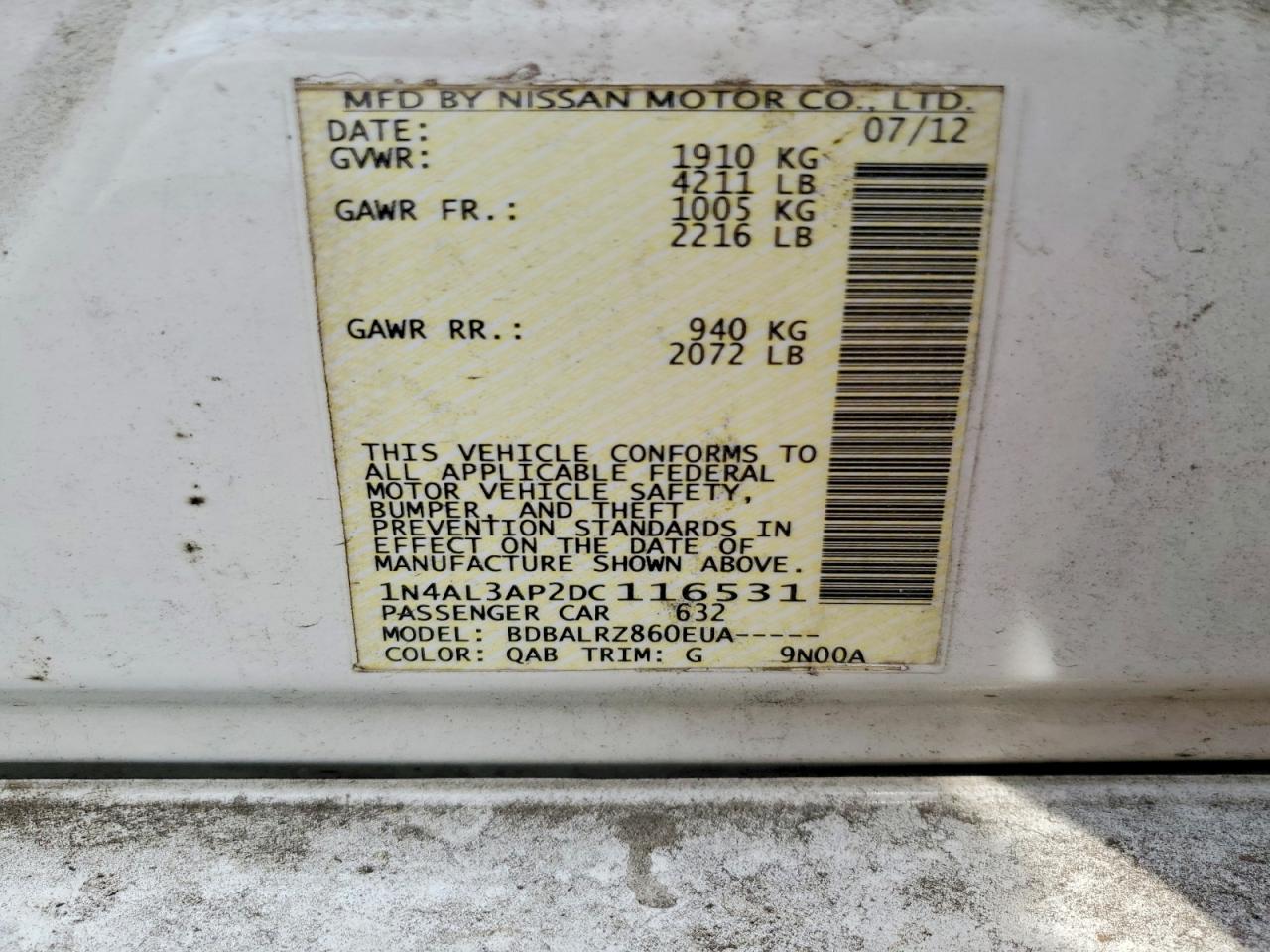 2013 Nissan Altima 2.5 White vin: 1N4AL3AP2DC116531