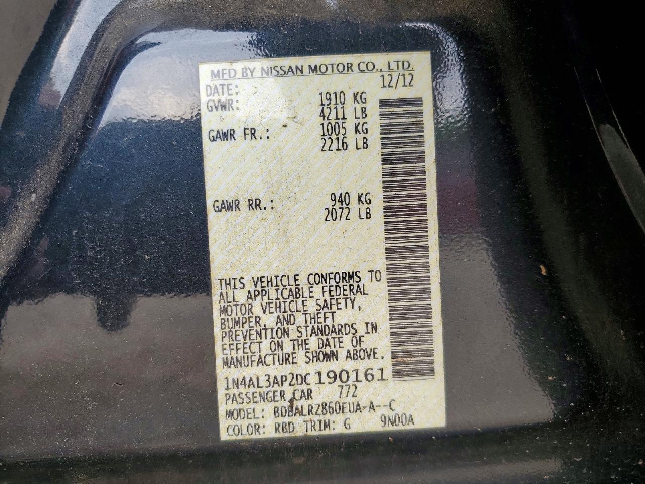 2013 Nissan Altima 2.5 Black vin: 1N4AL3AP2DC190161